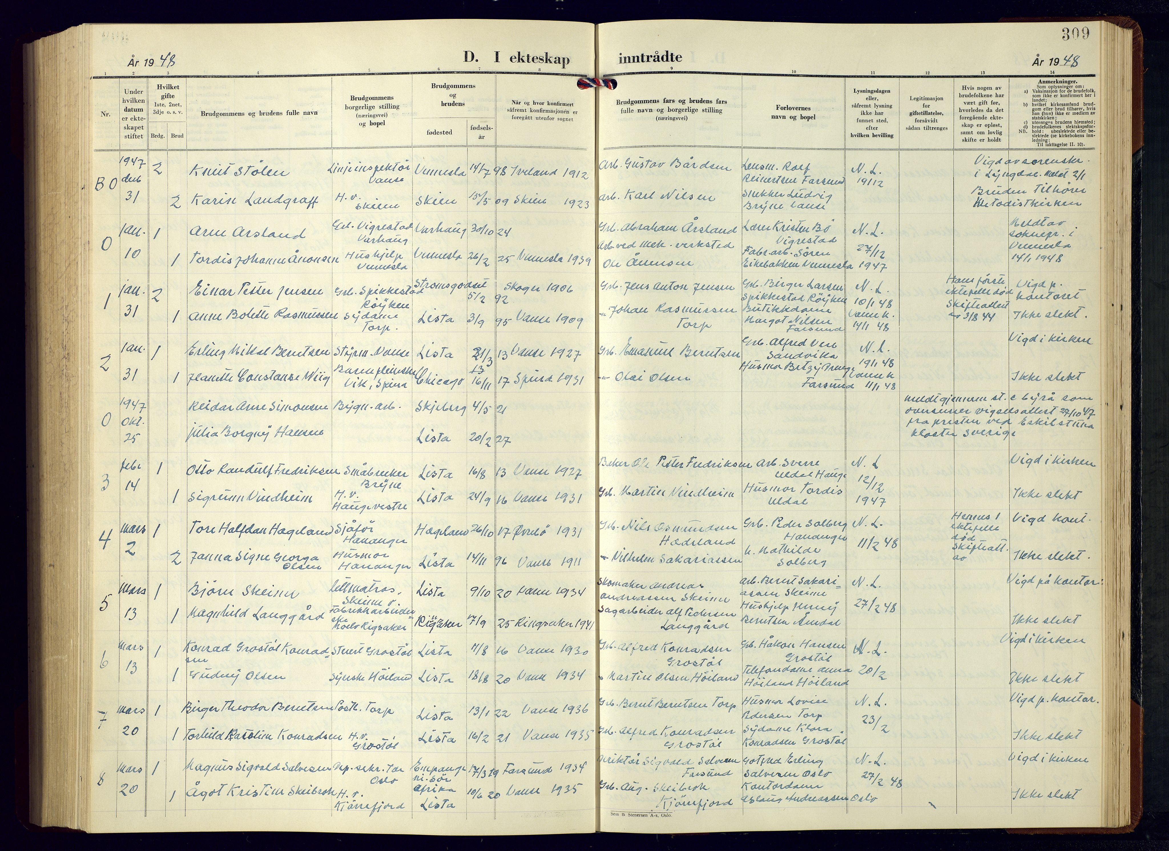 Lista sokneprestkontor, SAK/1111-0027/F/Fb/L0007: Parish register (copy) no. B 7, 1943-1970, p. 309