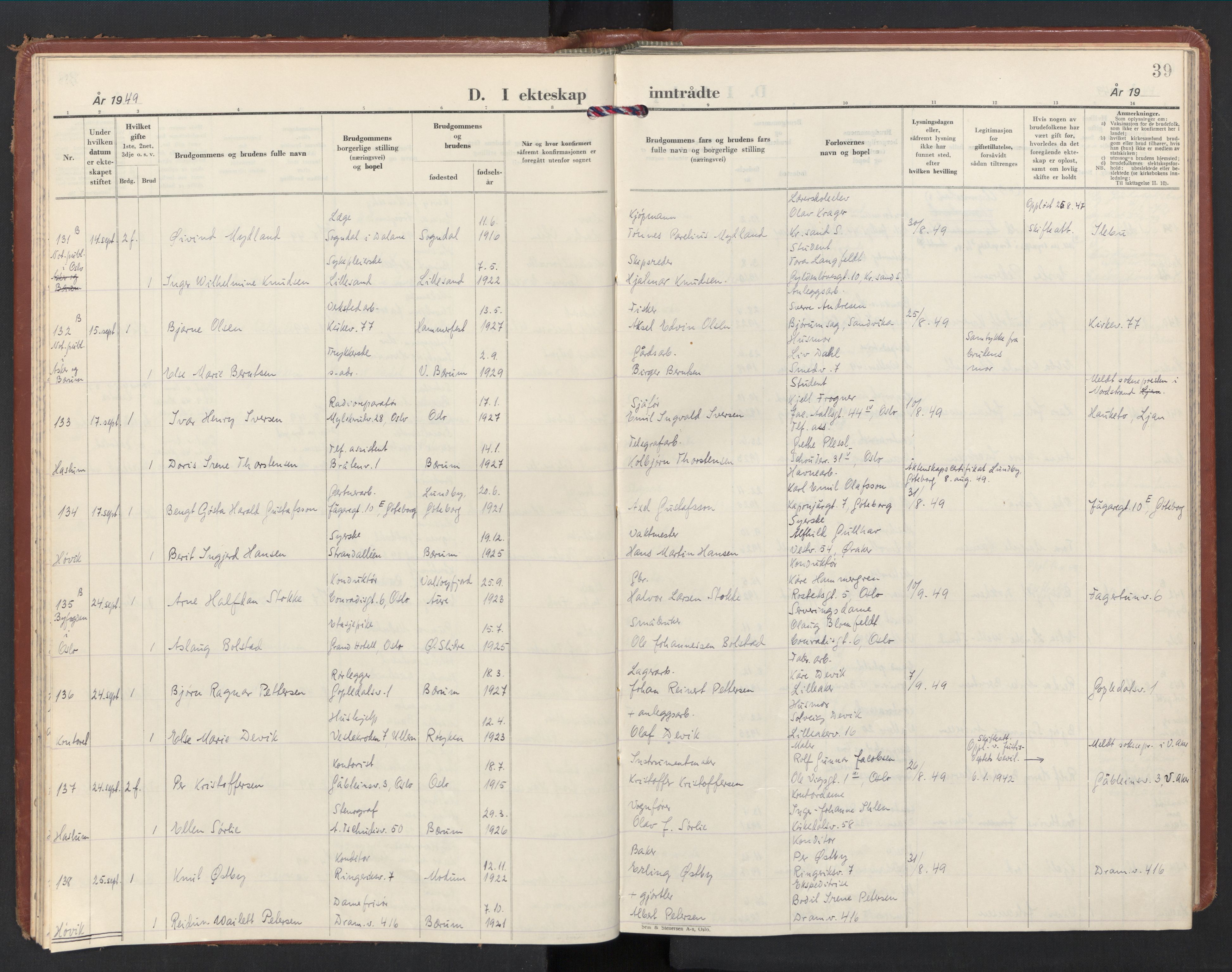 Østre Bærum prestekontor Kirkebøker, AV/SAO-A-10887/F/Fa/L0011: Parish register (official) no. 11, 1948-1956, p. 39