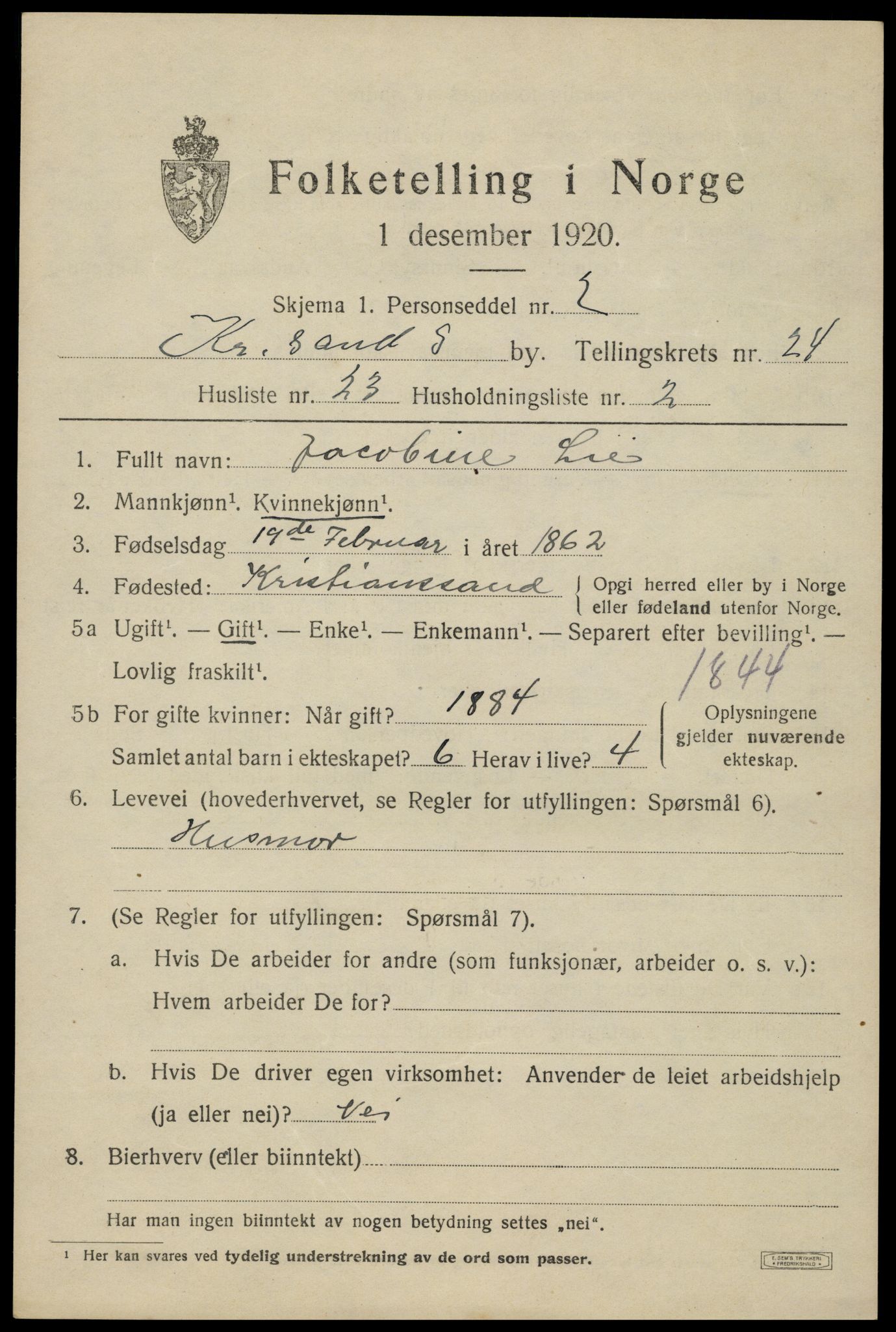 SAK, 1920 census for Kristiansand, 1920, p. 42625