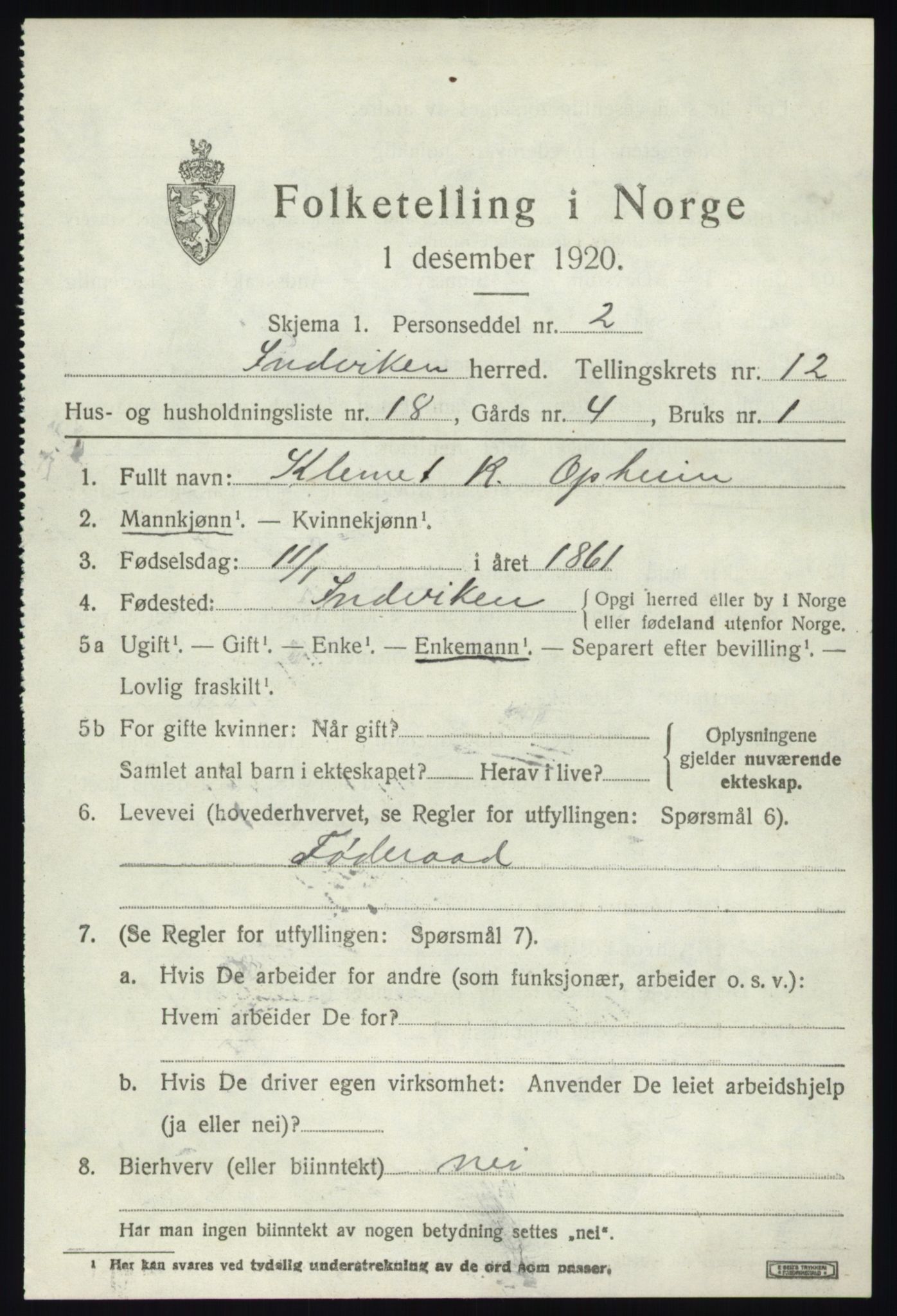 SAB, 1920 census for Innvik, 1920, p. 5117