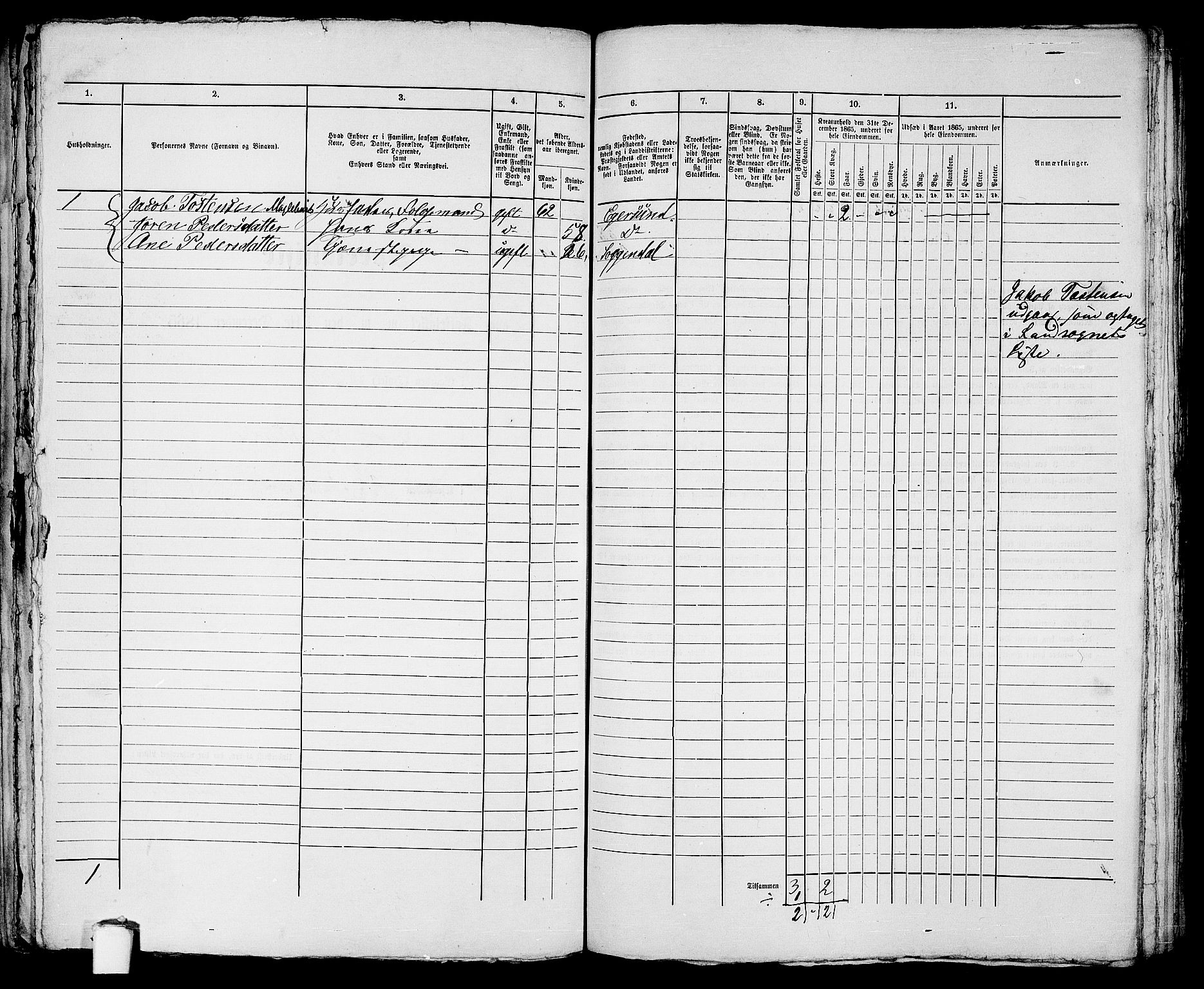 RA, 1865 census for Eigersund parish, Egersund town, 1865, p. 241