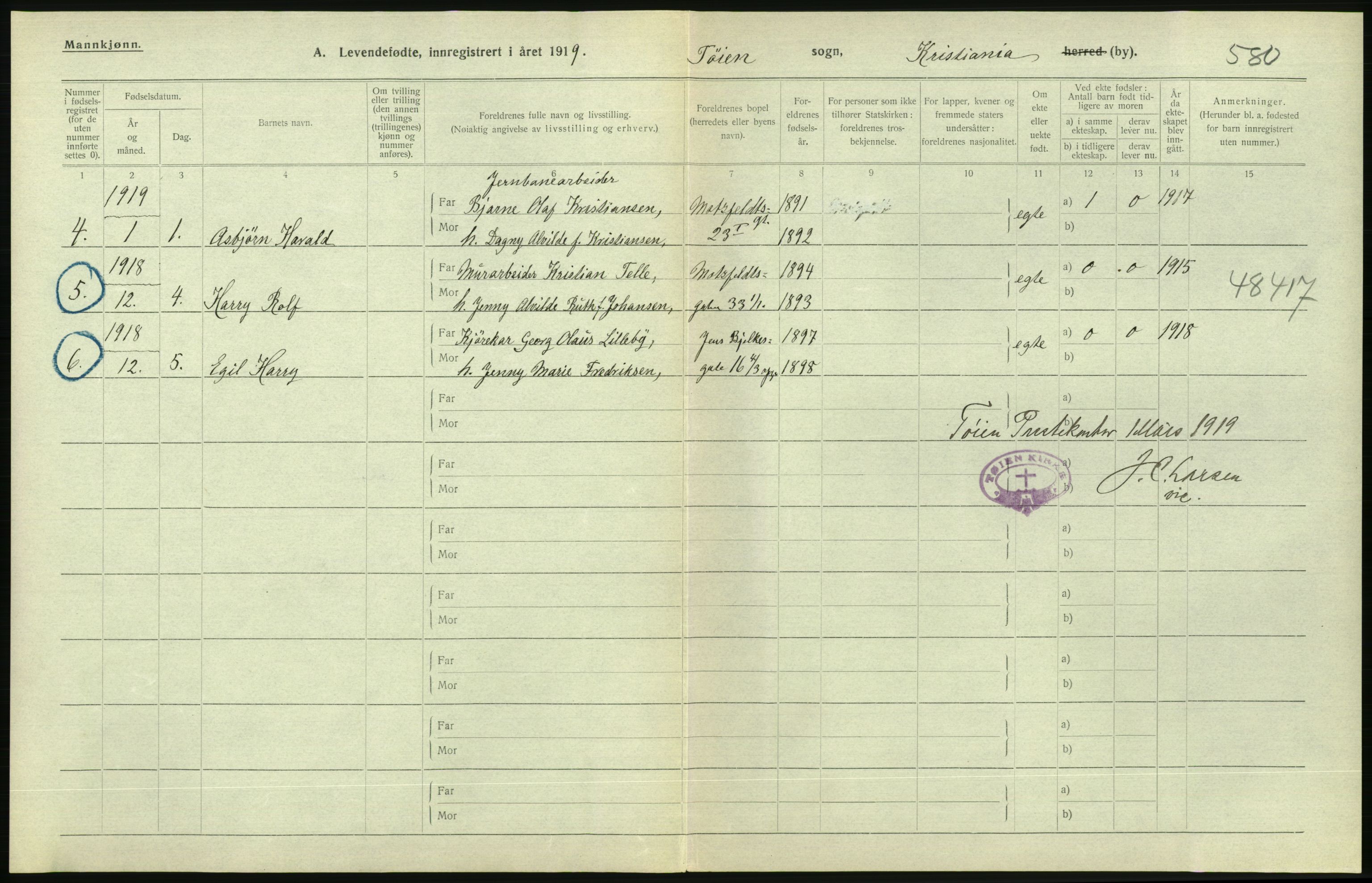 Statistisk sentralbyrå, Sosiodemografiske emner, Befolkning, AV/RA-S-2228/D/Df/Dfb/Dfbi/L0008: Kristiania: Levendefødte menn og kvinner., 1919