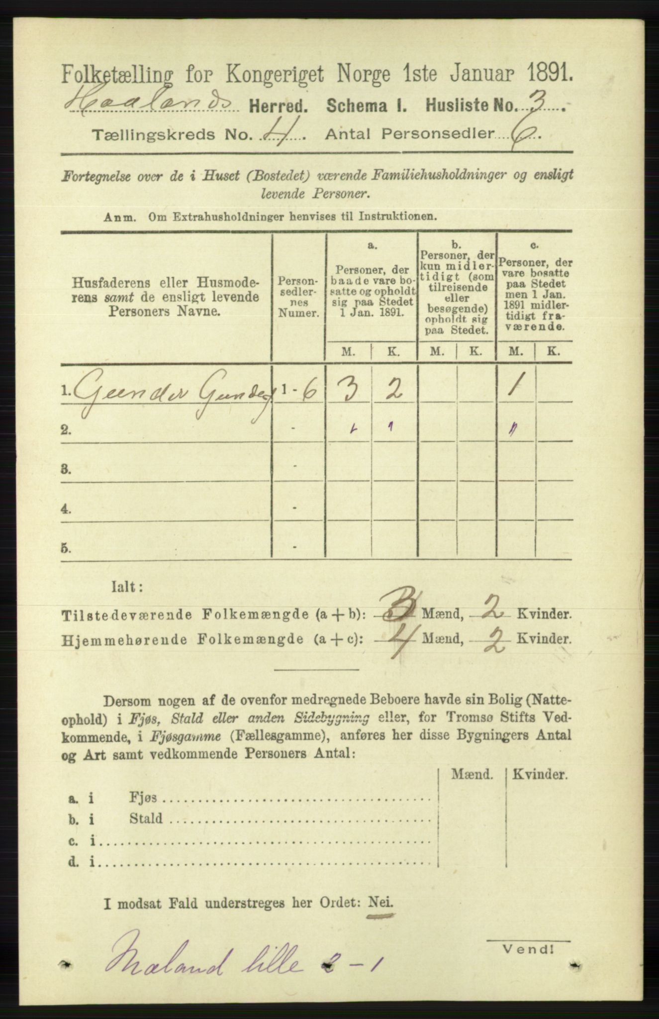 RA, 1891 census for 1124 Haaland, 1891, p. 2286