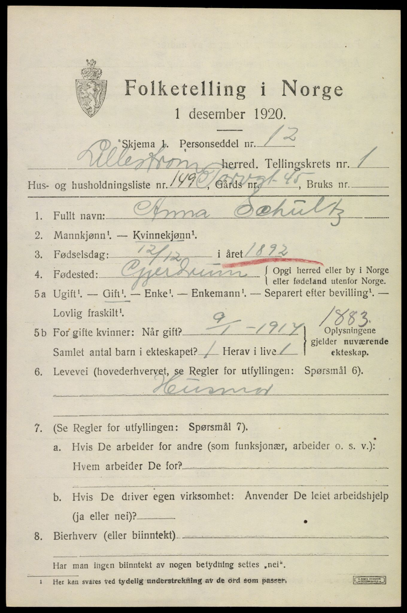 SAO, 1920 census for Lillestrøm, 1920, p. 3886