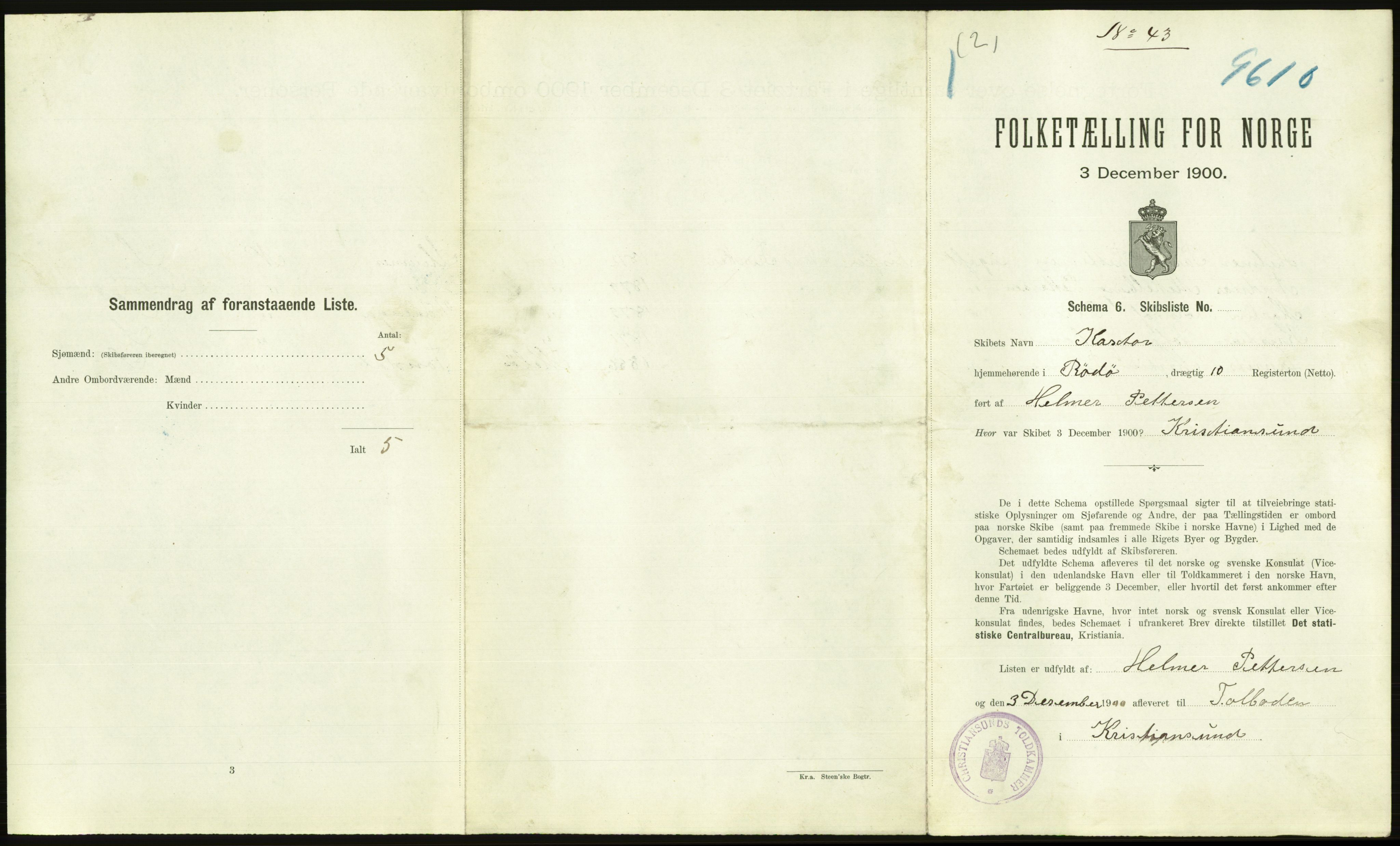 RA, 1900 Census - ship lists from ships in Norwegian harbours, harbours abroad and at sea, 1900, p. 2209