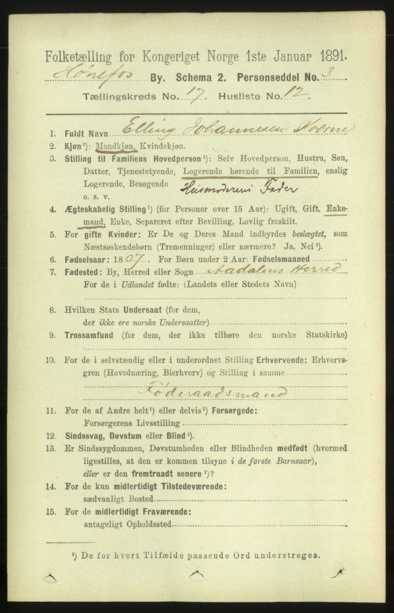 RA, 1891 census for 0601 Hønefoss, 1891, p. 1945