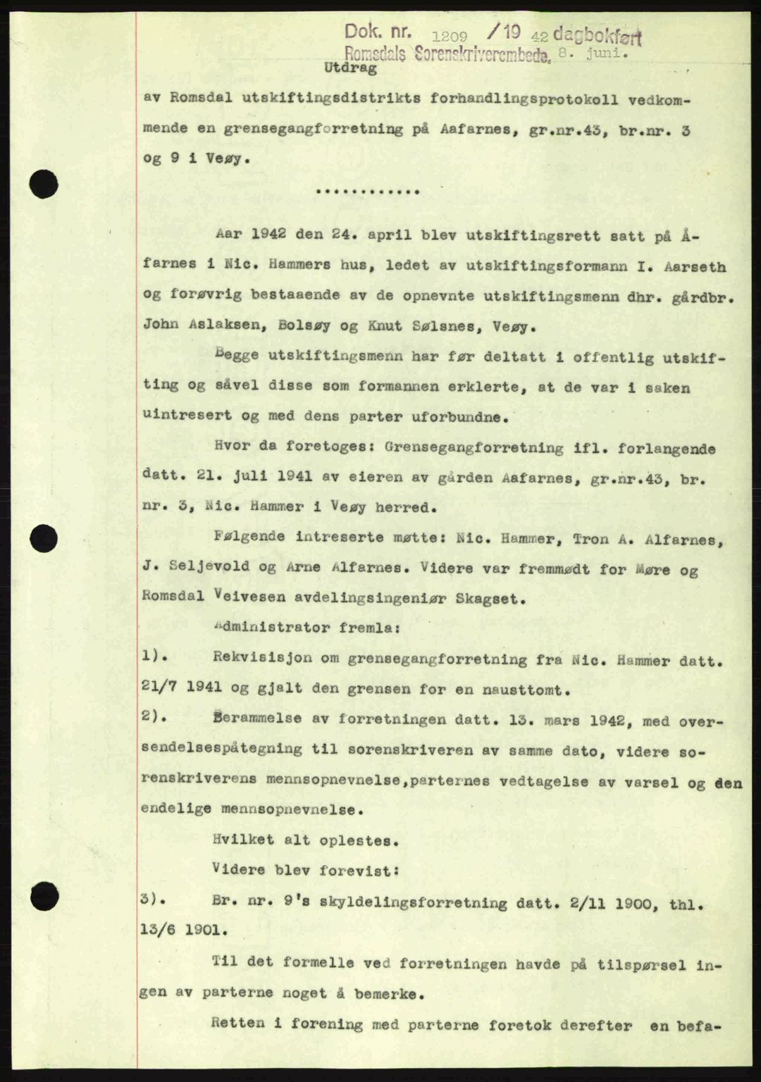 Romsdal sorenskriveri, AV/SAT-A-4149/1/2/2C: Mortgage book no. A12, 1942-1942, Diary no: : 1209/1942