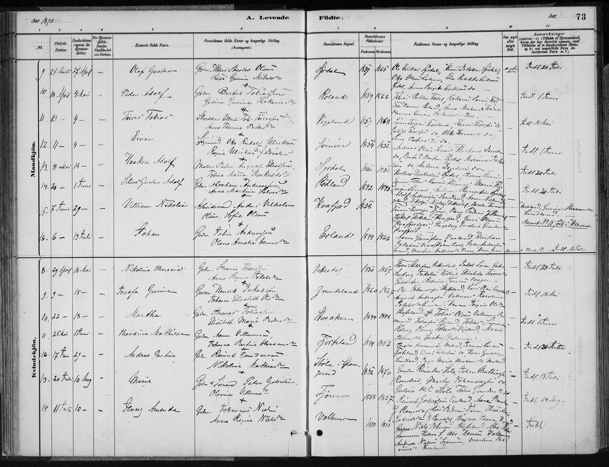 Sør-Audnedal sokneprestkontor, SAK/1111-0039/F/Fa/Fab/L0009: Parish register (official) no. A 9, 1880-1895, p. 73