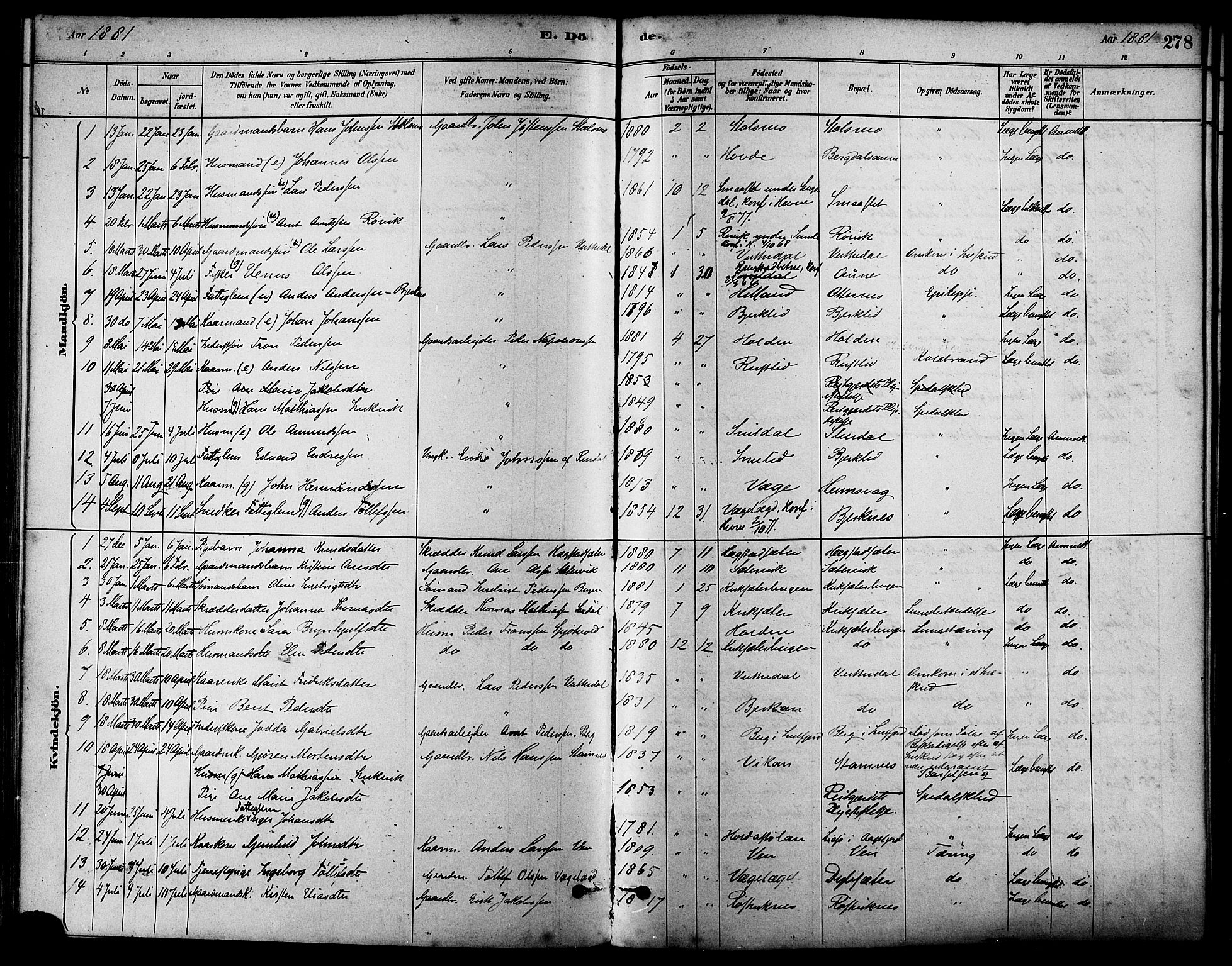 Ministerialprotokoller, klokkerbøker og fødselsregistre - Sør-Trøndelag, AV/SAT-A-1456/630/L0496: Parish register (official) no. 630A09, 1879-1895, p. 278