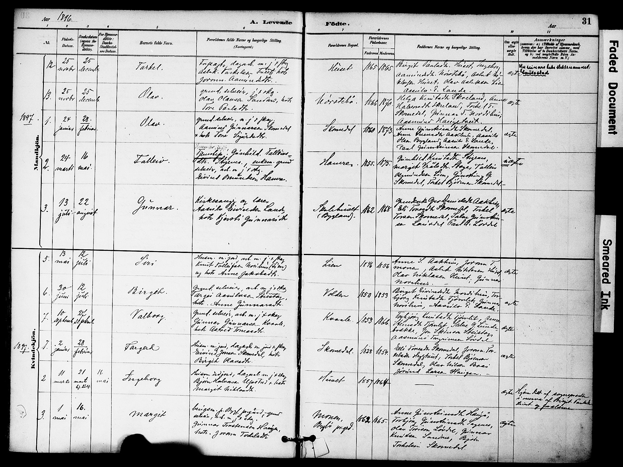 Bygland sokneprestkontor, AV/SAK-1111-0006/F/Fa/Fab/L0007: Parish register (official) no. A 7, 1885-1909, p. 31