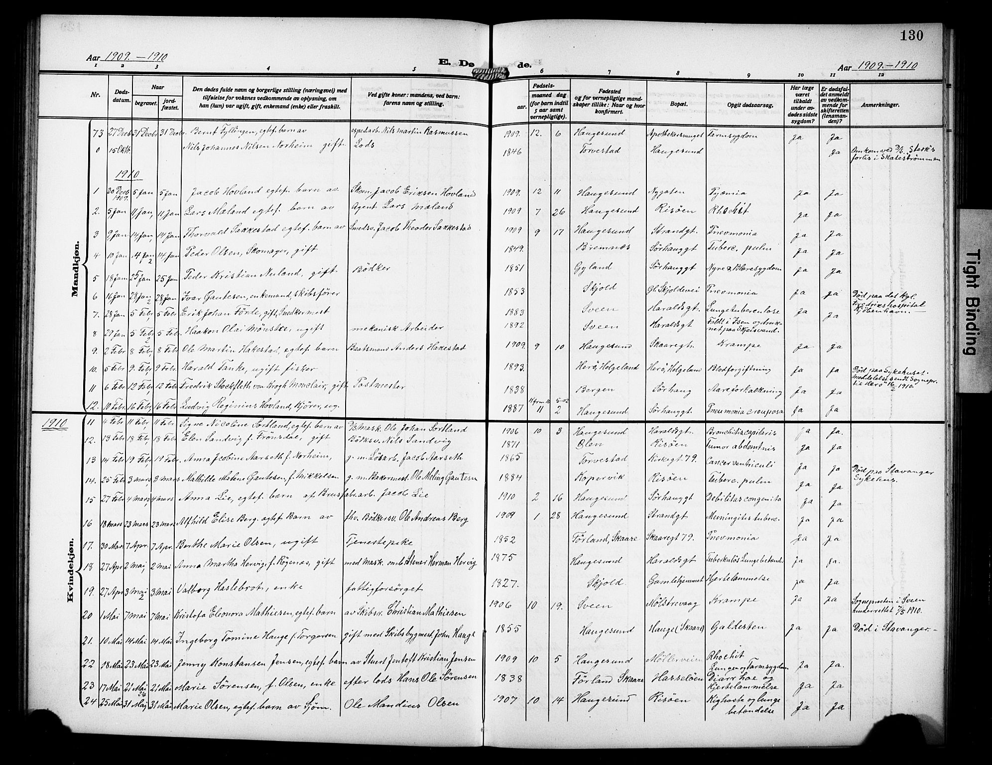 Haugesund sokneprestkontor, SAST/A -101863/H/Ha/Hab/L0008: Parish register (copy) no. B 8, 1909-1921, p. 130