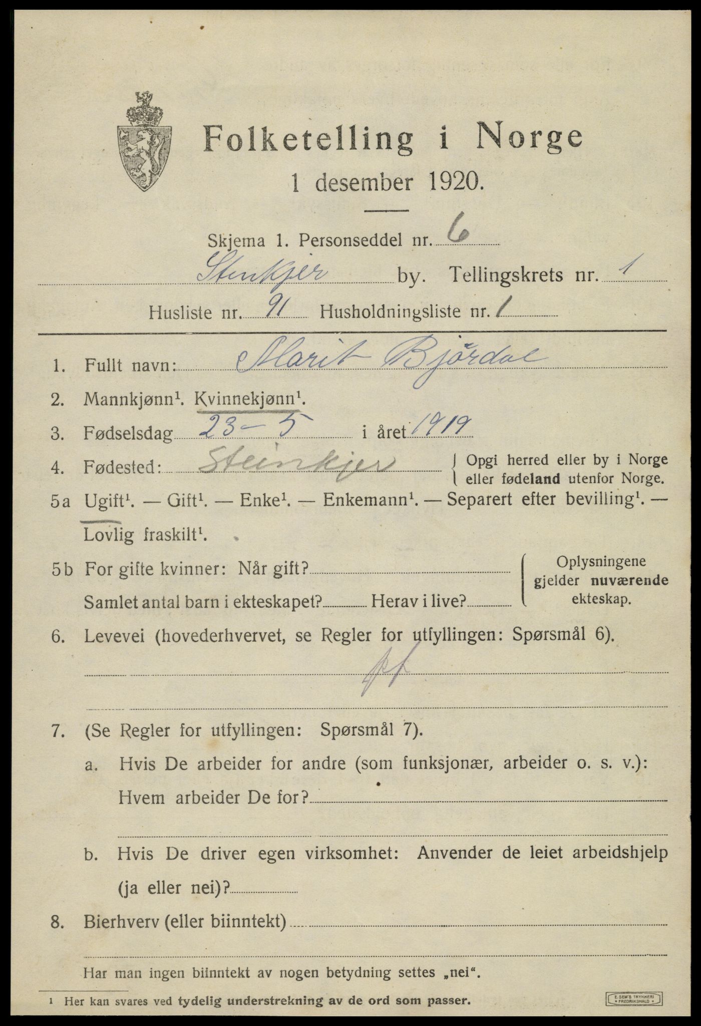 SAT, 1920 census for Steinkjer, 1920, p. 4076