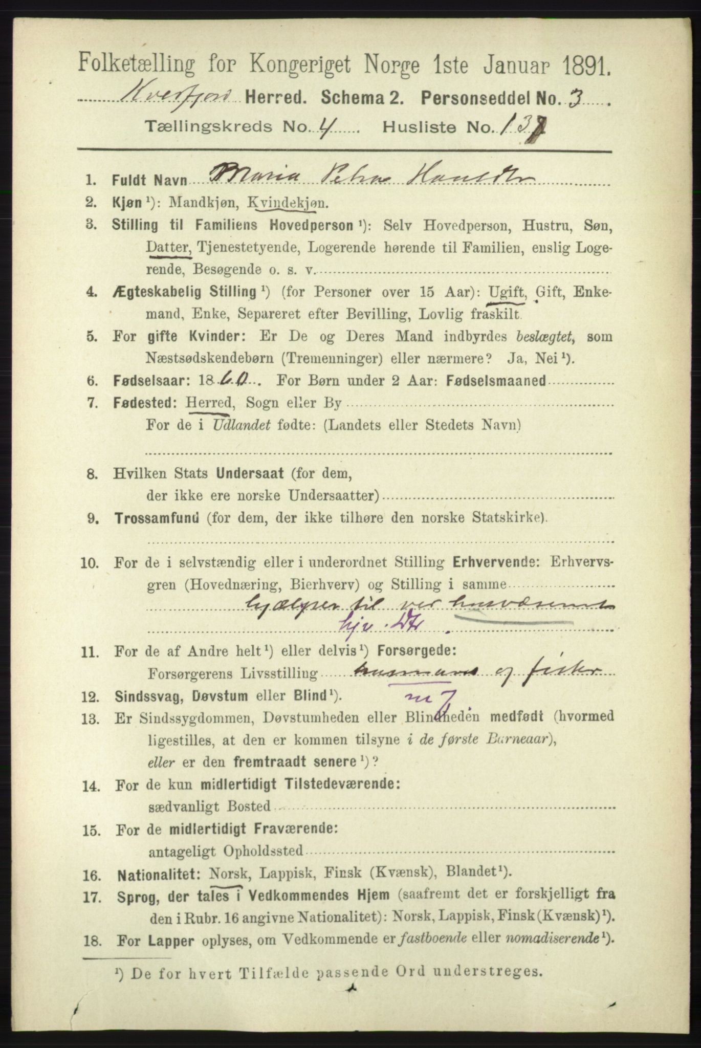 RA, 1891 census for 1911 Kvæfjord, 1891, p. 2756