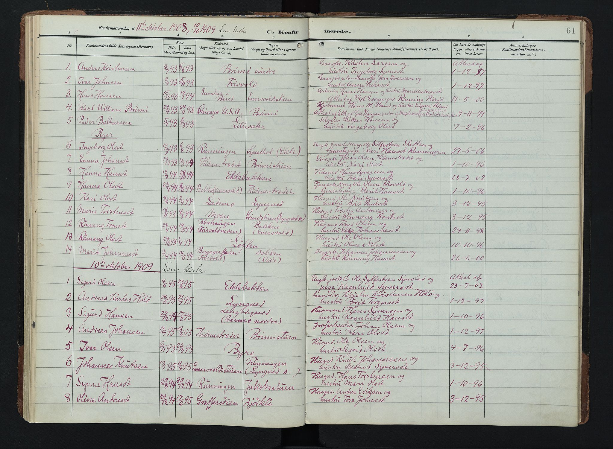 Lom prestekontor, SAH/PREST-070/K/L0011: Parish register (official) no. 11, 1904-1928, p. 61