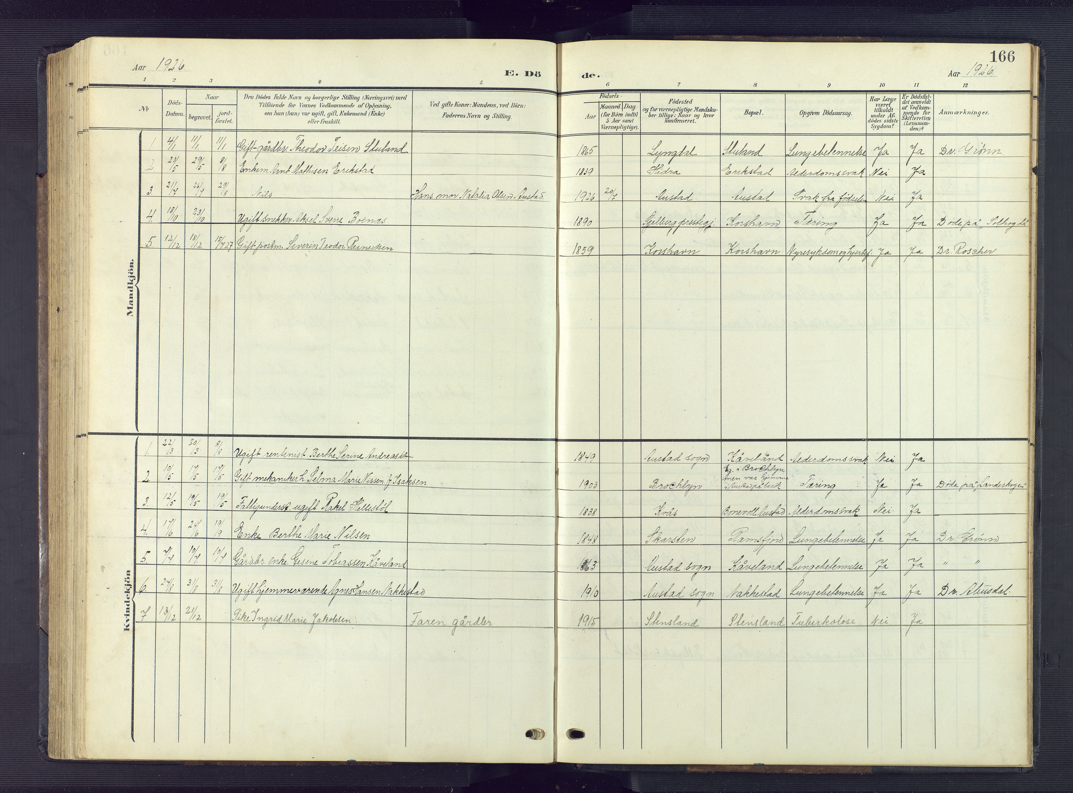 Lyngdal sokneprestkontor, AV/SAK-1111-0029/F/Fb/Fba/L0004: Parish register (copy) no. B 4, 1904-1950, p. 166