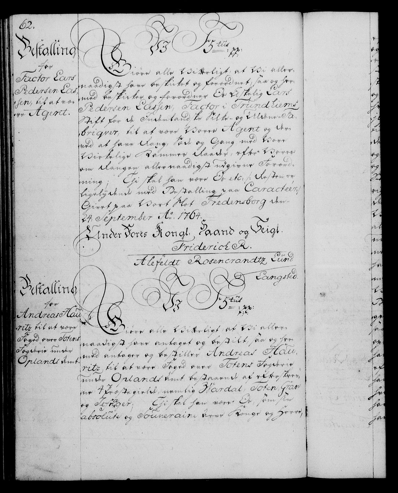 Rentekammeret, Kammerkanselliet, RA/EA-3111/G/Gg/Gge/L0004: Norsk bestallingsprotokoll med register (merket RK 53.28), 1762-1771, p. 62