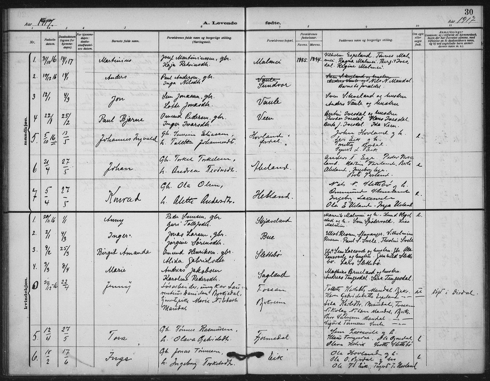 Helleland sokneprestkontor, SAST/A-101810: Parish register (official) no. A 11, 1909-1922, p. 30