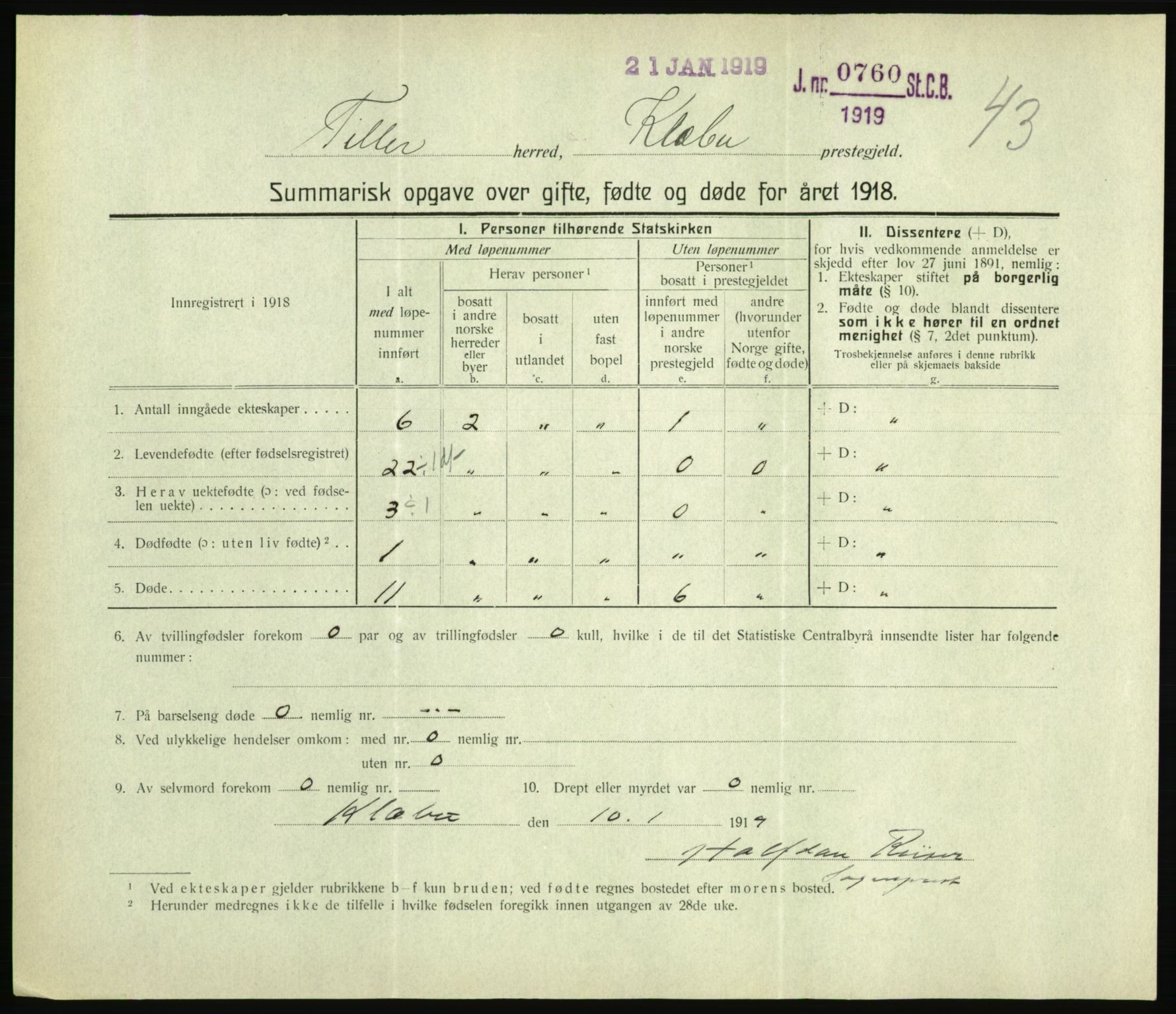 Statistisk sentralbyrå, Sosiodemografiske emner, Befolkning, AV/RA-S-2228/D/Df/Dfb/Dfbh/L0059: Summariske oppgaver over gifte, fødte og døde for hele landet., 1918, p. 1343