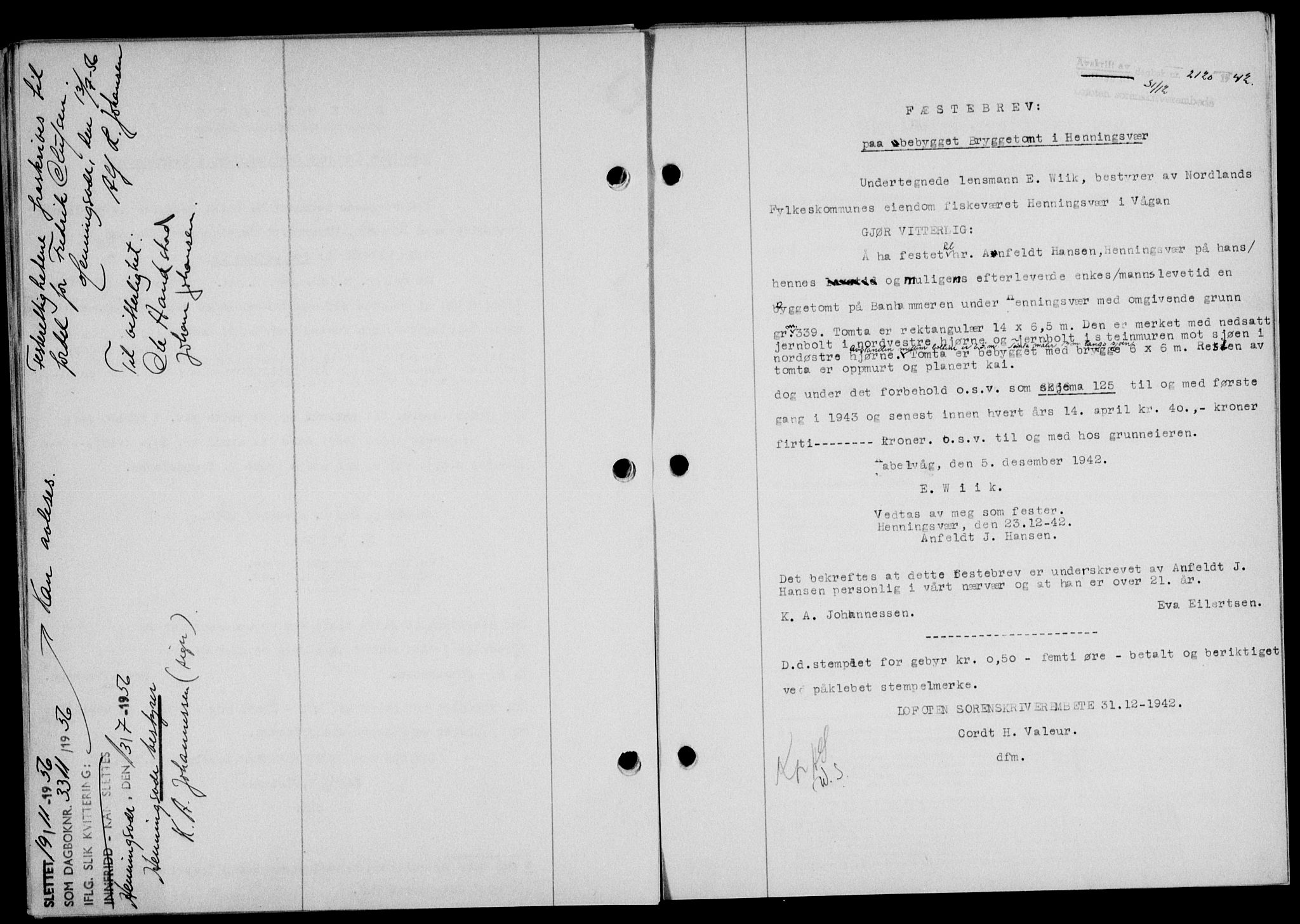 Lofoten sorenskriveri, SAT/A-0017/1/2/2C/L0010a: Mortgage book no. 10a, 1942-1943, Diary no: : 2120/1942