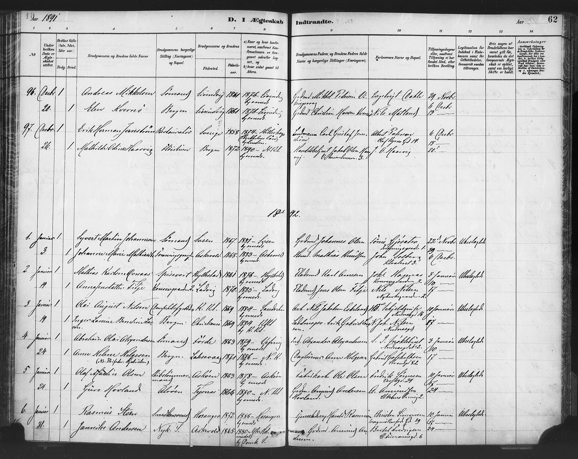 Nykirken Sokneprestembete, AV/SAB-A-77101/H/Haa/L0033: Parish register (official) no. D 3, 1884-1895, p. 62