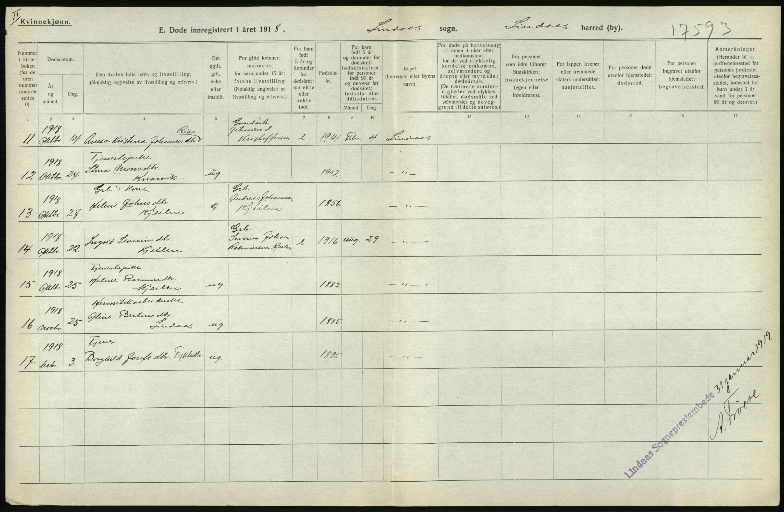 Statistisk sentralbyrå, Sosiodemografiske emner, Befolkning, AV/RA-S-2228/D/Df/Dfb/Dfbh/L0036: Hordaland fylke: Døde., 1918, p. 614