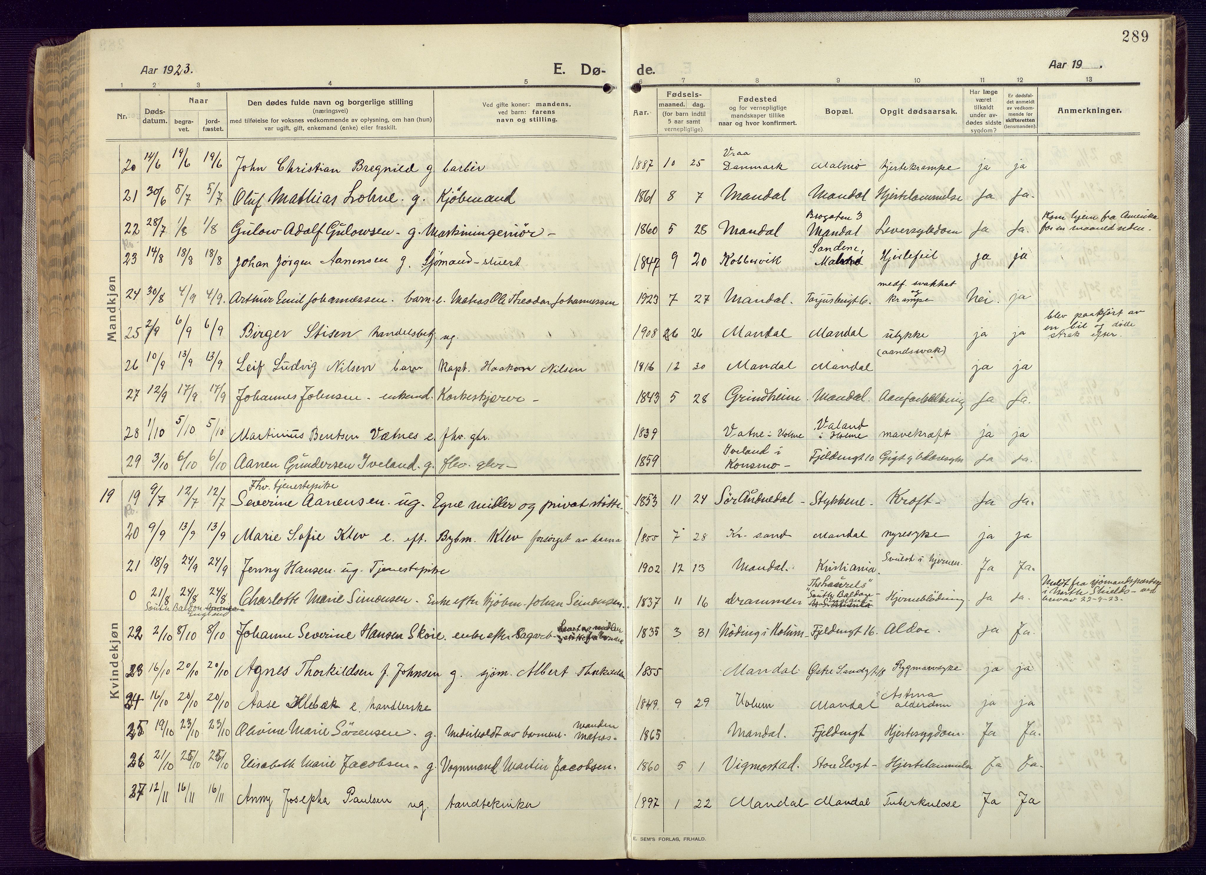 Mandal sokneprestkontor, AV/SAK-1111-0030/F/Fa/Fac/L0001: Parish register (official) no. A 1, 1913-1925, p. 289