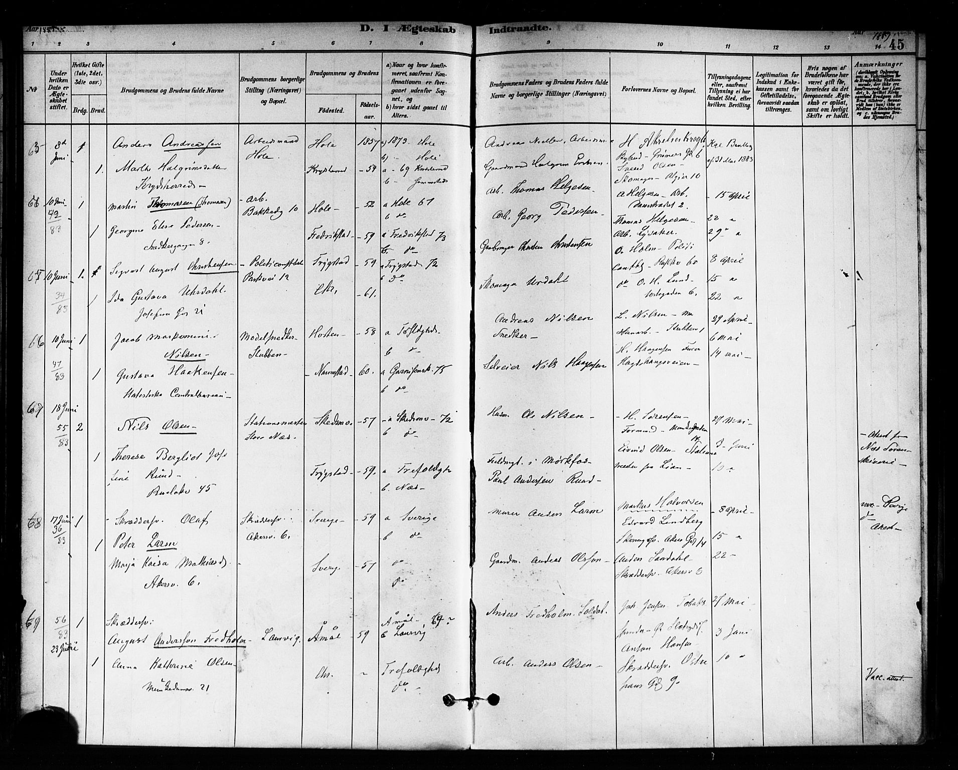 Trefoldighet prestekontor Kirkebøker, SAO/A-10882/F/Fc/L0003: Parish register (official) no. III 3, 1881-1891, p. 45