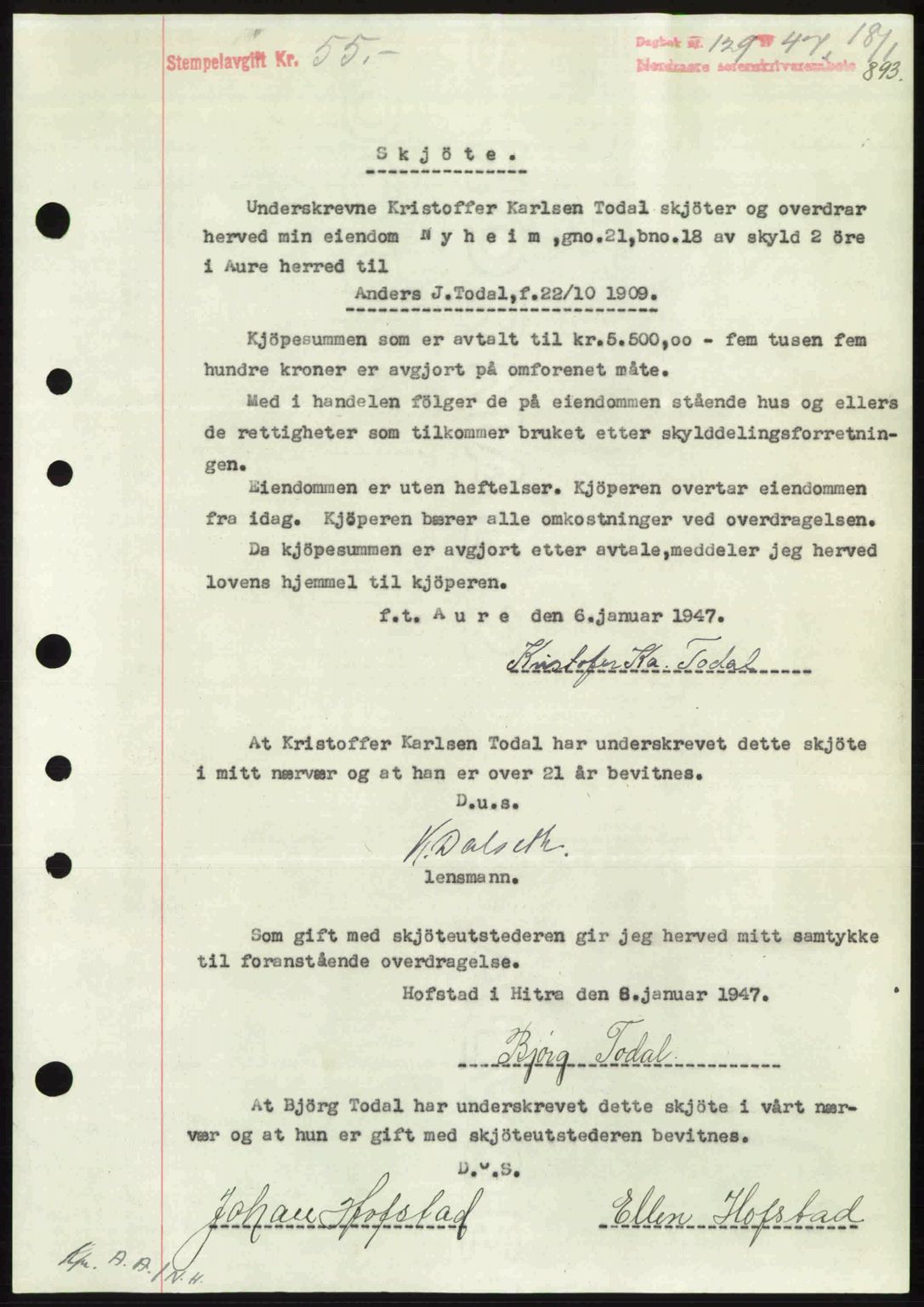 Nordmøre sorenskriveri, AV/SAT-A-4132/1/2/2Ca: Mortgage book no. A103, 1946-1947, Diary no: : 129/1947