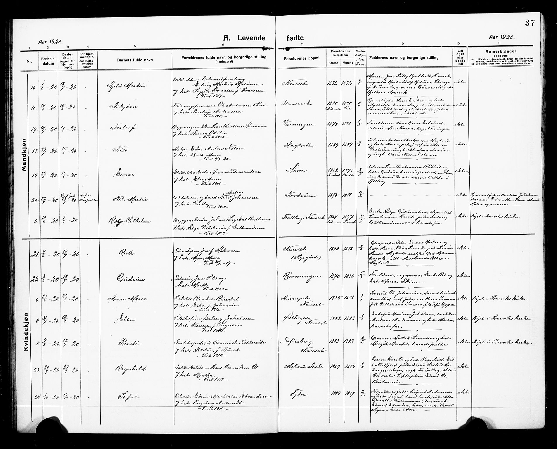 Hedrum kirkebøker, AV/SAKO-A-344/G/Ga/L0005: Parish register (copy) no. I 5, 1916-1930, p. 37