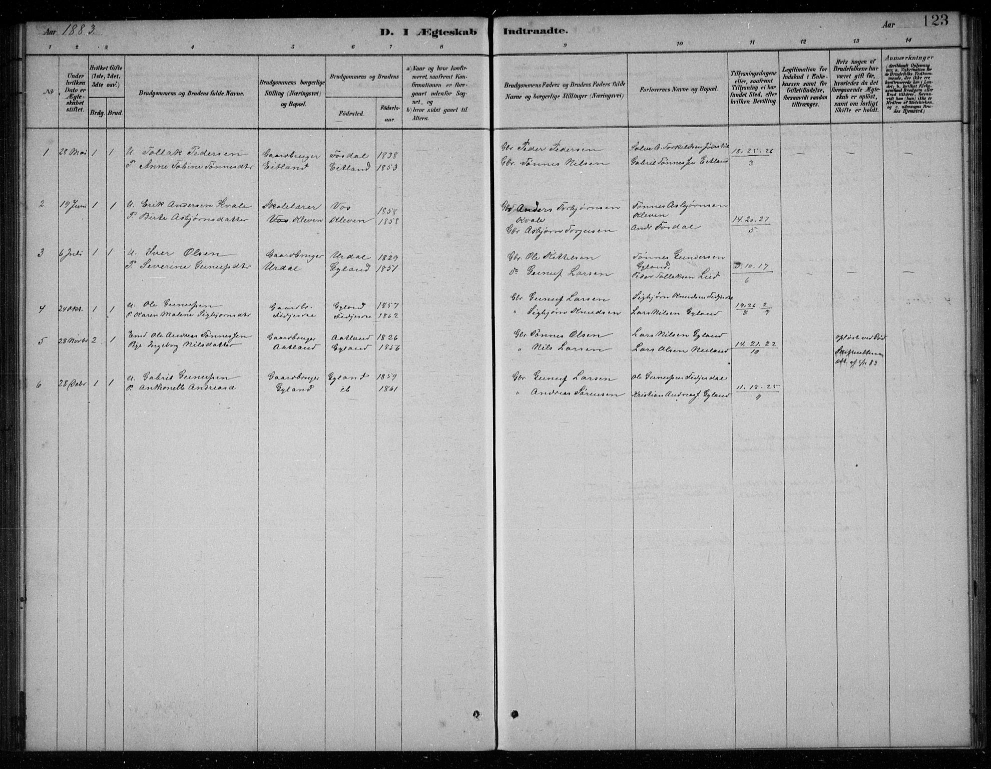 Bakke sokneprestkontor, SAK/1111-0002/F/Fb/Fbb/L0003: Parish register (copy) no. B 3, 1878-1896, p. 123
