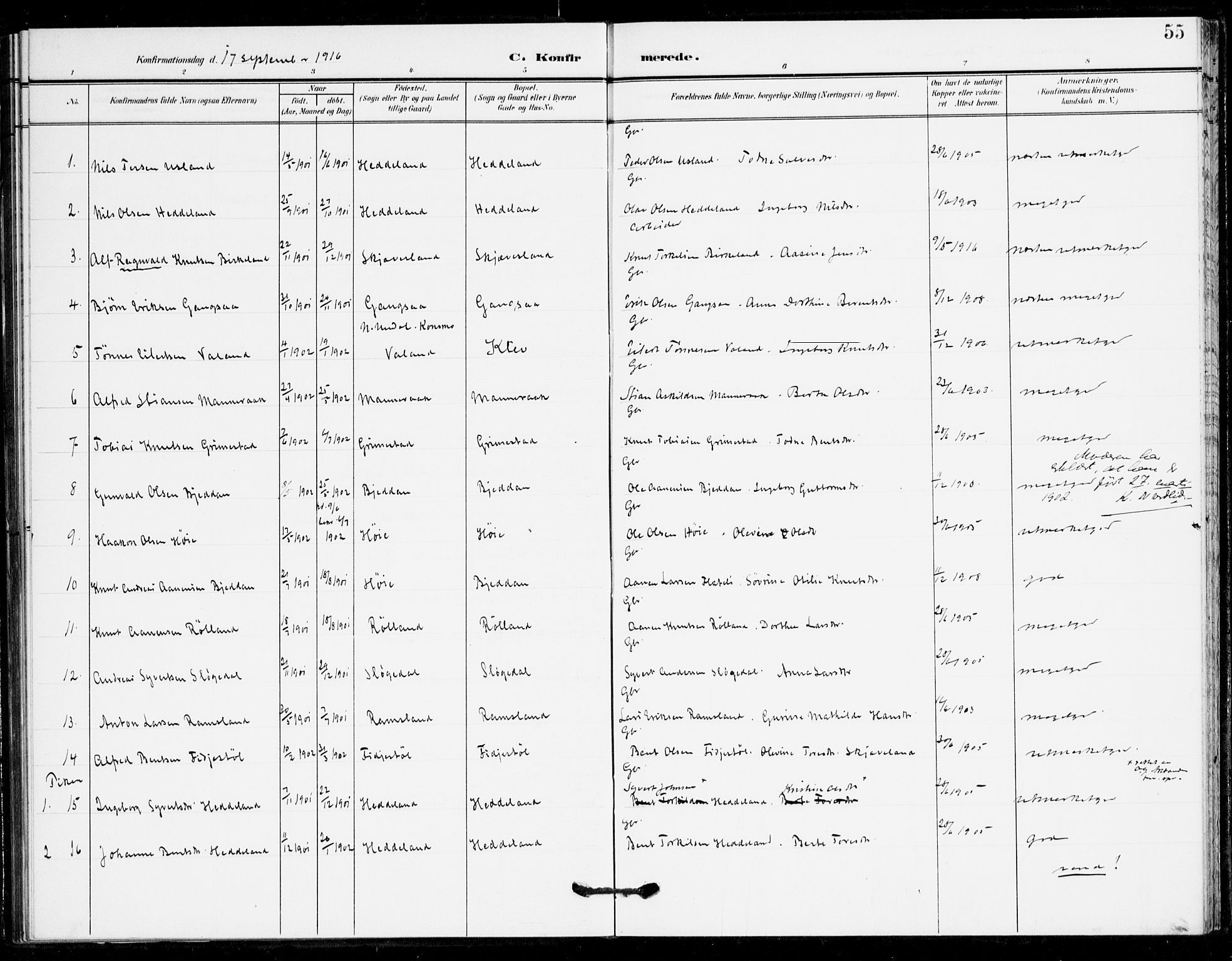 Holum sokneprestkontor, SAK/1111-0022/F/Fa/Fac/L0005: Parish register (official) no. A 5, 1908-1930, p. 55