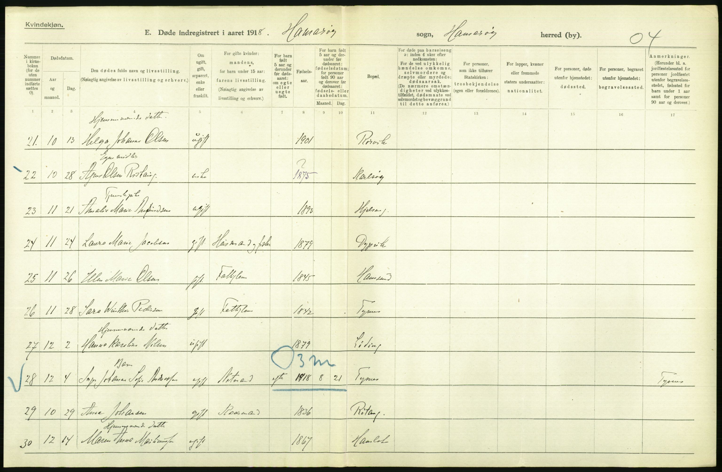 Statistisk sentralbyrå, Sosiodemografiske emner, Befolkning, AV/RA-S-2228/D/Df/Dfb/Dfbh/L0055: Nordland fylke: Døde. Bygder og byer., 1918, p. 568