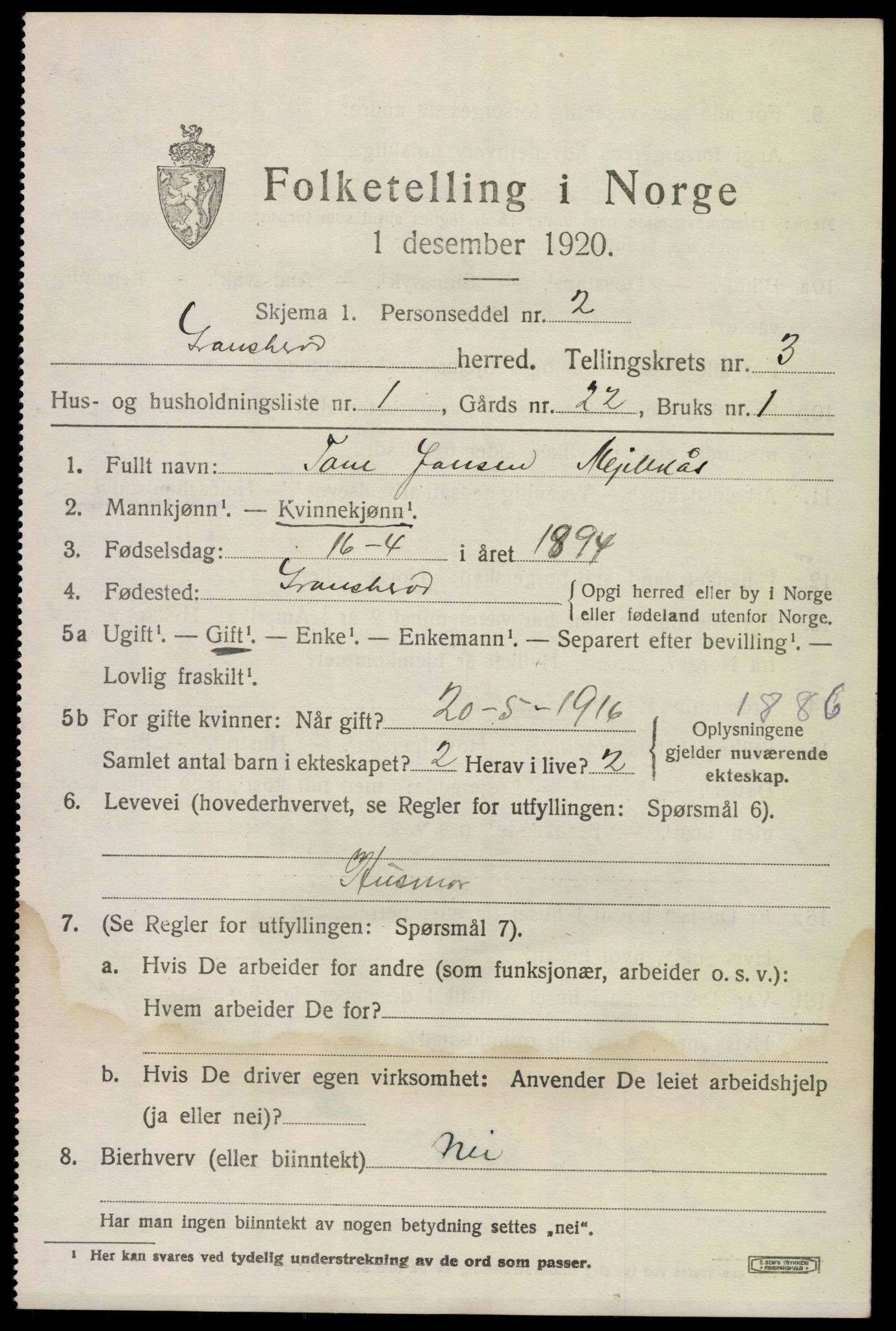 SAKO, 1920 census for Gransherad, 1920, p. 1406