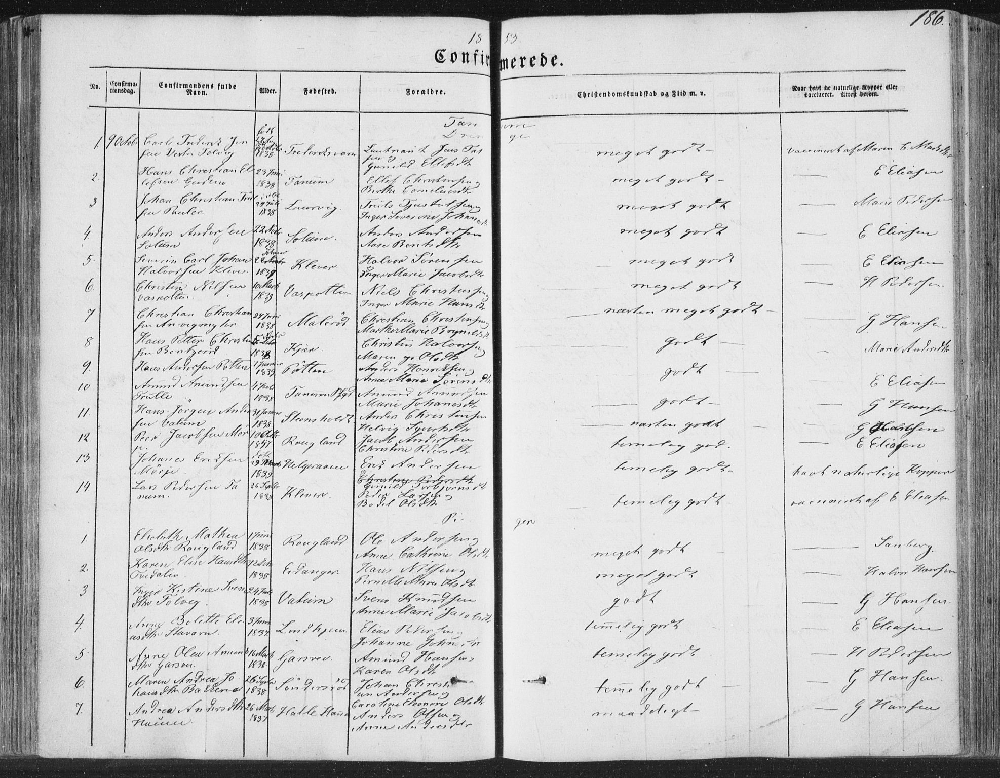 Brunlanes kirkebøker, AV/SAKO-A-342/F/Fa/L0004: Parish register (official) no. I 4, 1846-1862, p. 186