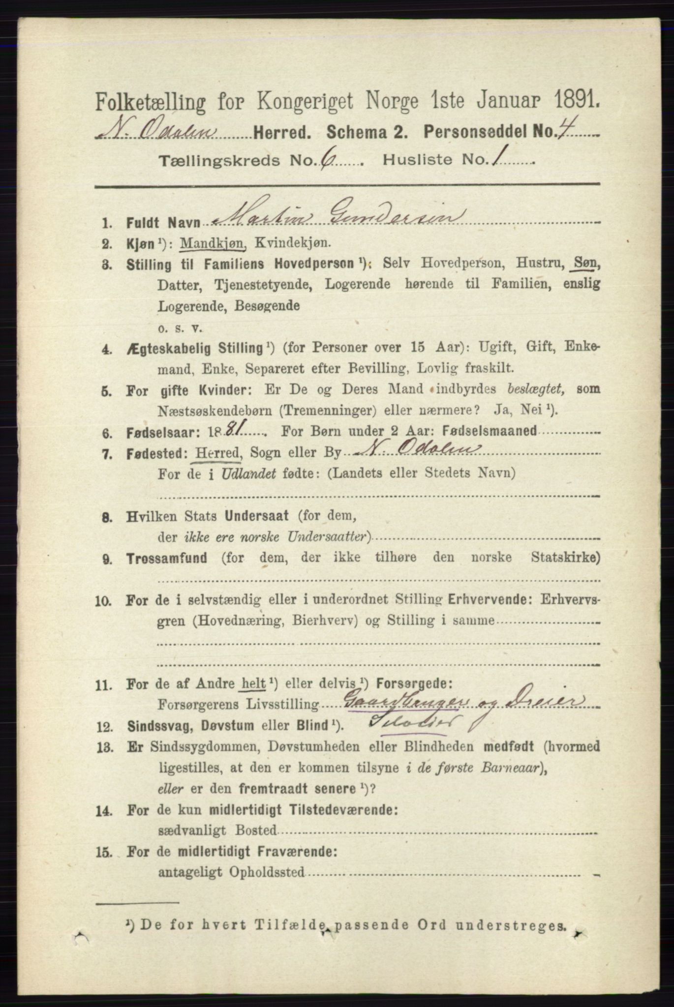 RA, 1891 census for 0418 Nord-Odal, 1891, p. 2276