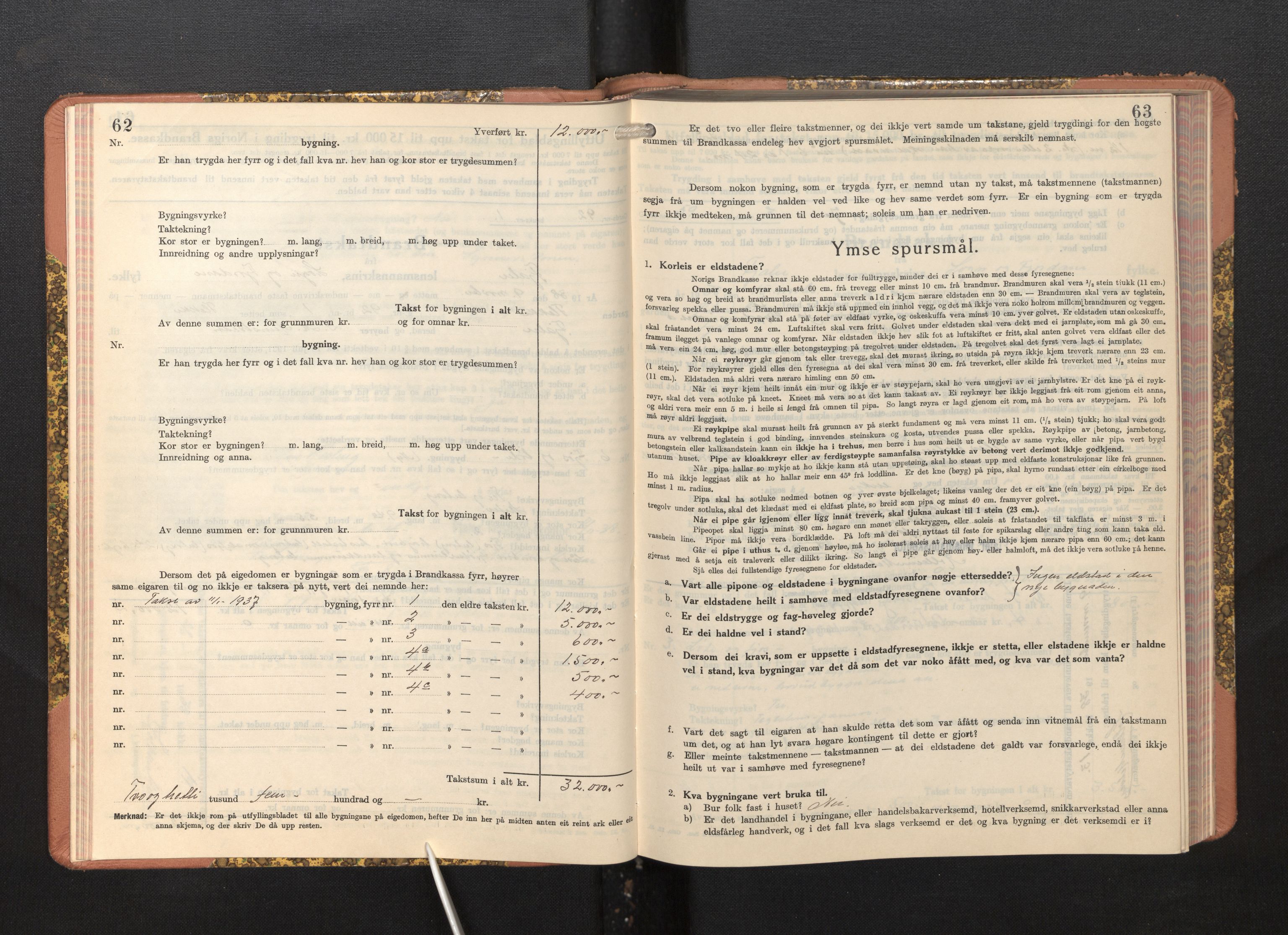 Lensmannen i Fjaler, AV/SAB-A-27201/0012/L0007: Branntakstprotokoll, skjematakst, 1937-1950, p. 62-63