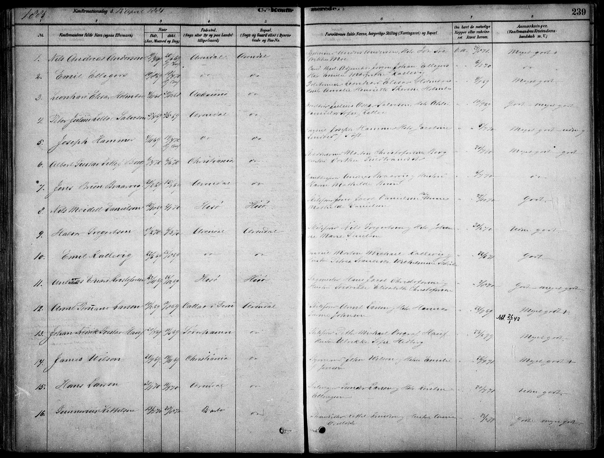 Arendal sokneprestkontor, Trefoldighet, AV/SAK-1111-0040/F/Fa/L0008: Parish register (official) no. A 8, 1878-1899, p. 239