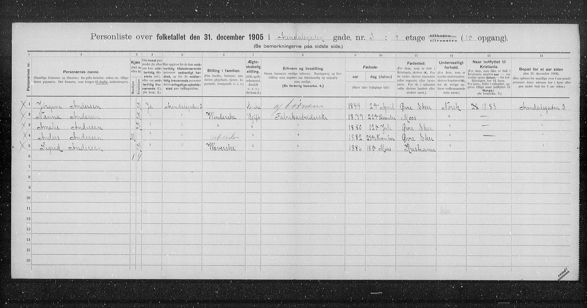 OBA, Municipal Census 1905 for Kristiania, 1905, p. 1031