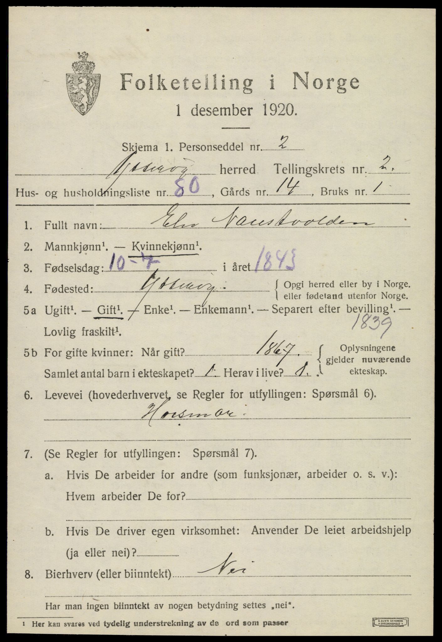 SAT, 1920 census for Ytterøy, 1920, p. 1009