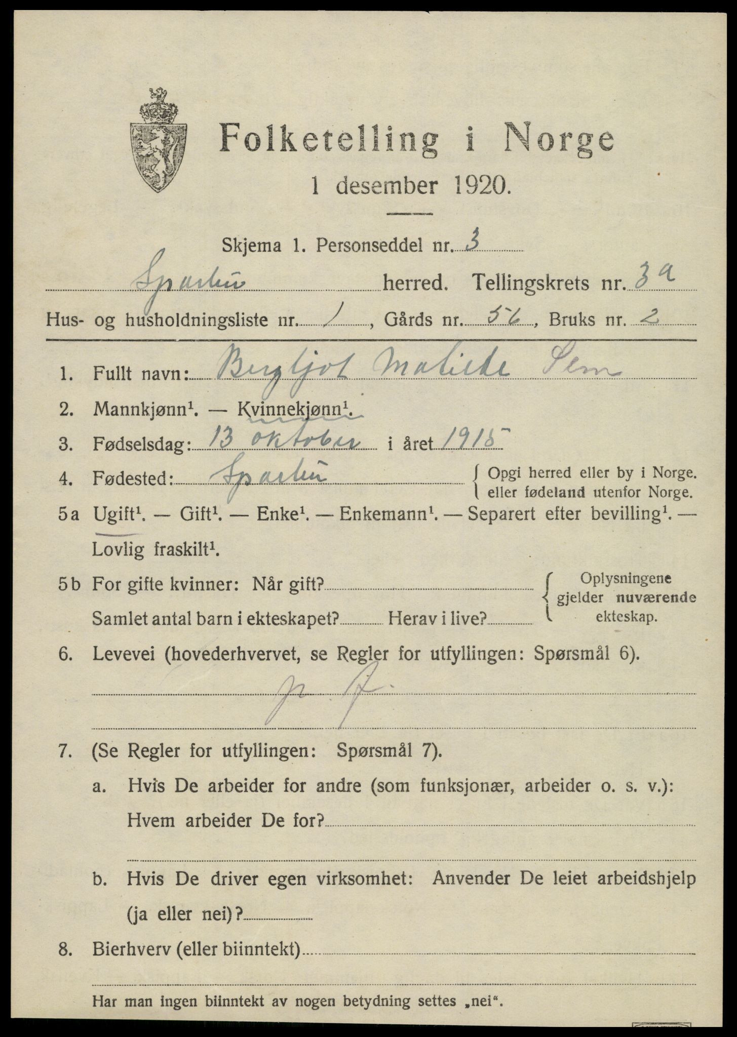 SAT, 1920 census for Sparbu, 1920, p. 4177