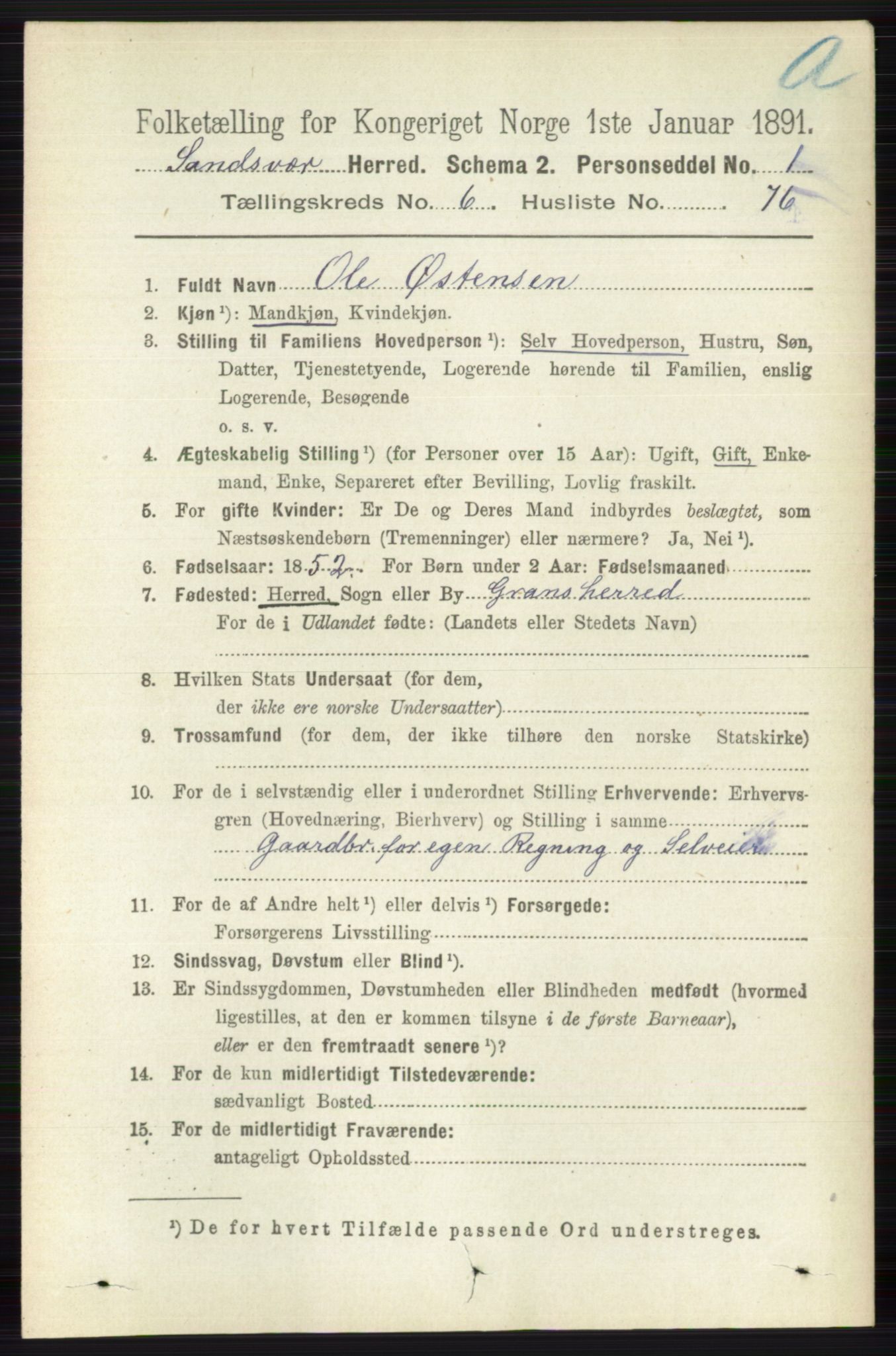 RA, 1891 census for 0629 Sandsvær, 1891, p. 3880