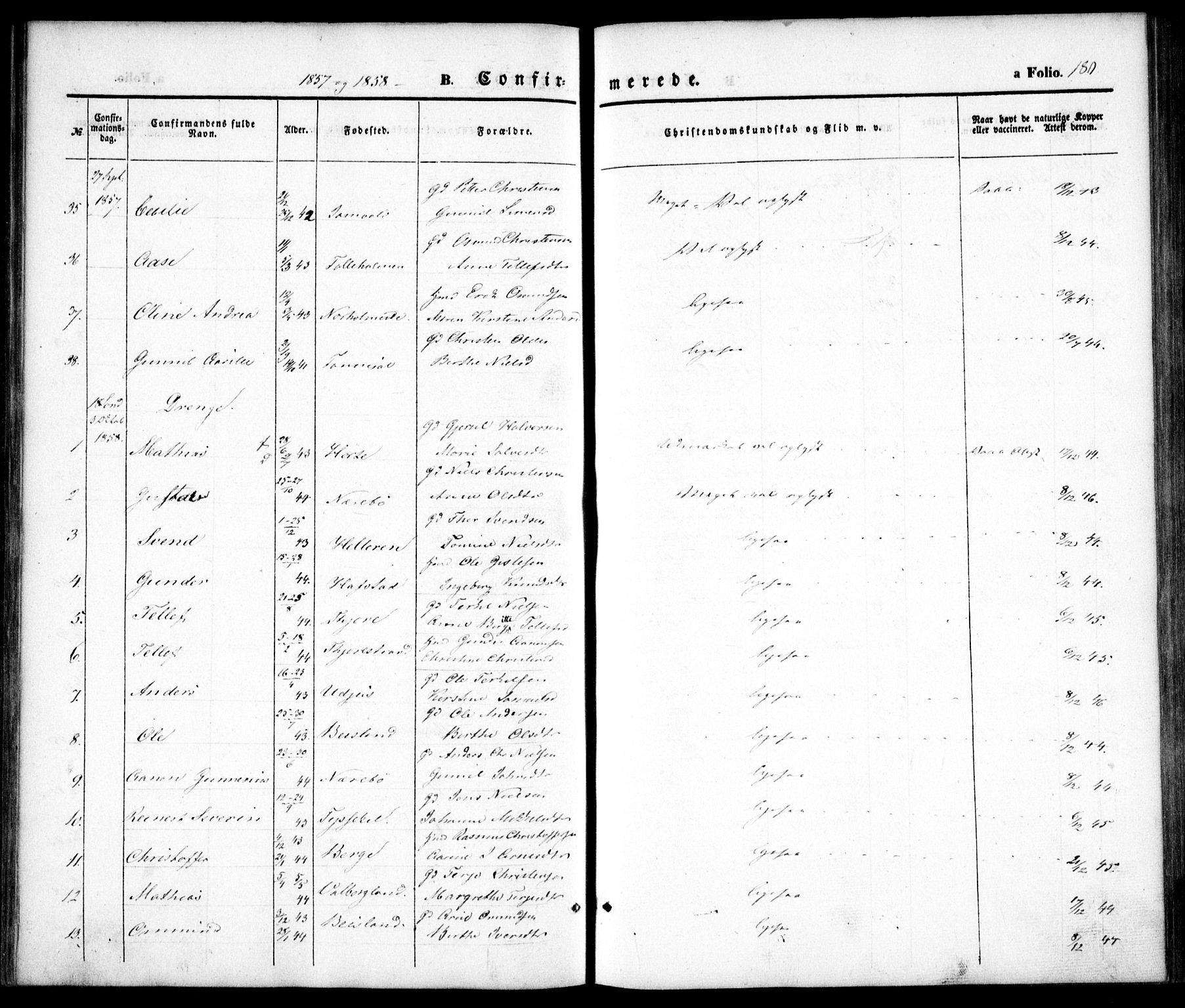 Hommedal sokneprestkontor, AV/SAK-1111-0023/F/Fa/Fab/L0004: Parish register (official) no. A 4, 1848-1860, p. 180