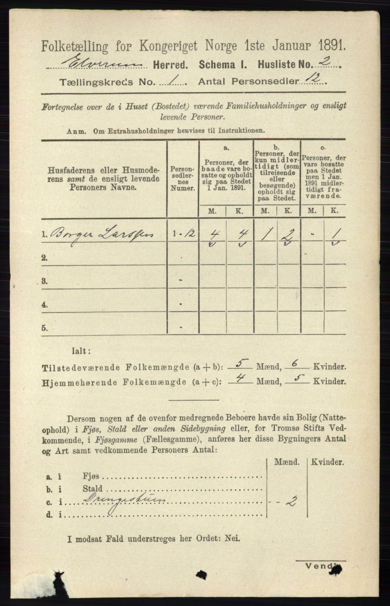 RA, 1891 census for 0427 Elverum, 1891, p. 45