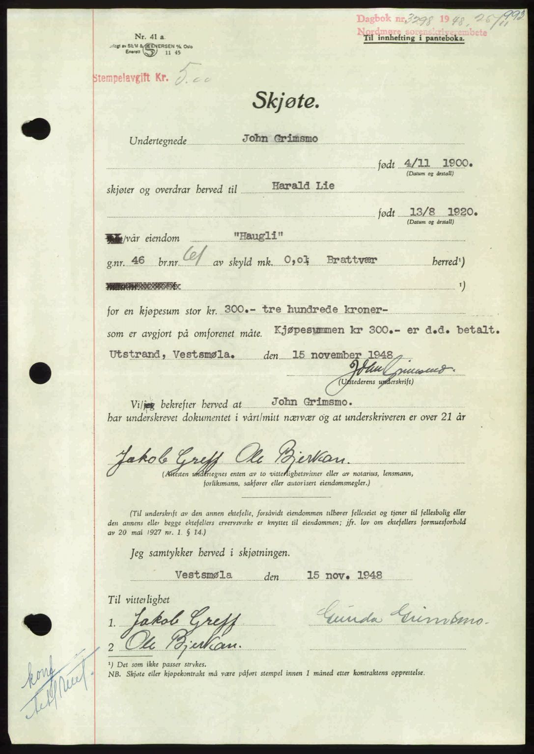 Nordmøre sorenskriveri, AV/SAT-A-4132/1/2/2Ca: Mortgage book no. A109, 1948-1948, Diary no: : 3298/1948