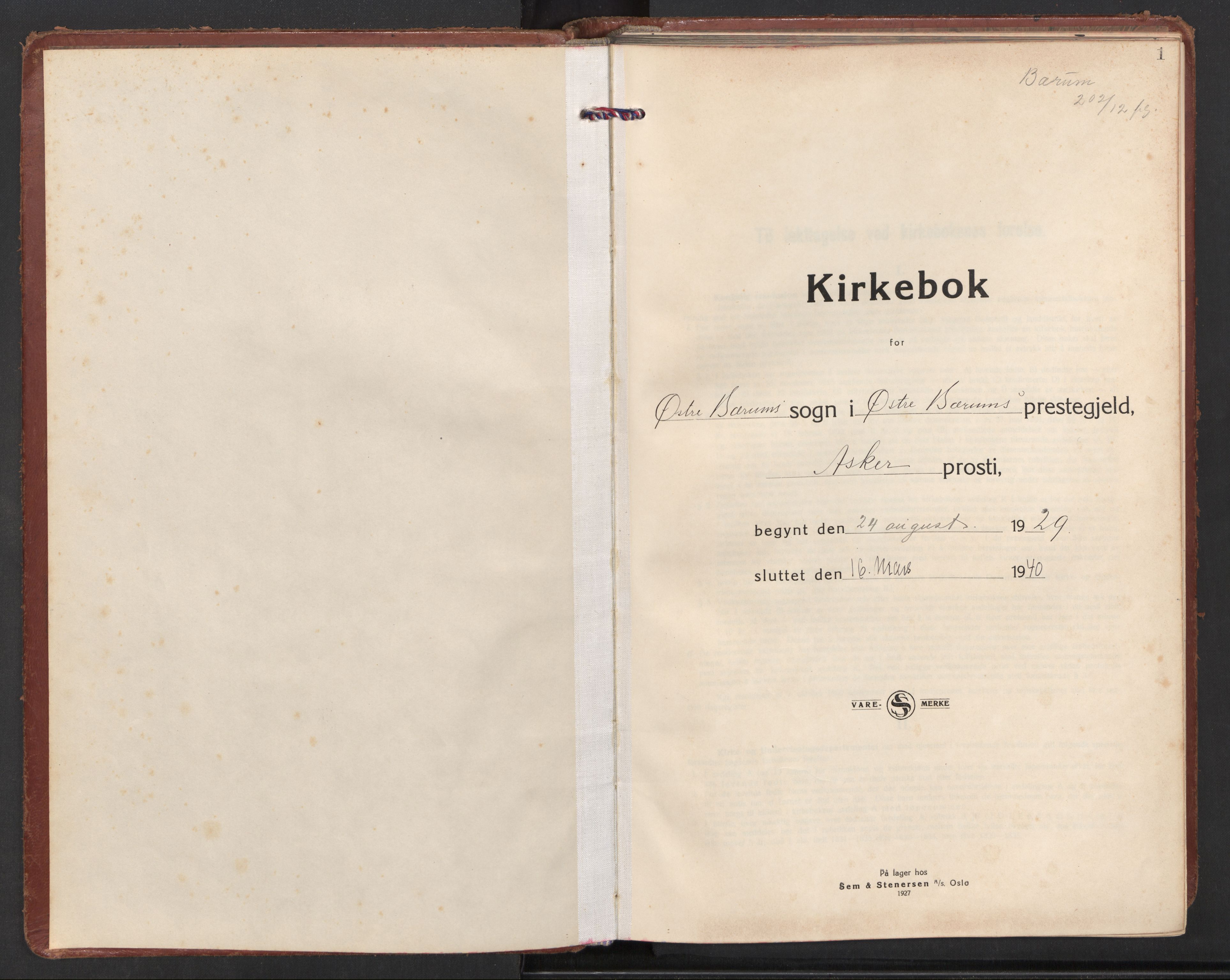 Østre Bærum prestekontor Kirkebøker, SAO/A-10887/F/Fa/L0004: Parish register (official) no. 4, 1929-1940, p. 1
