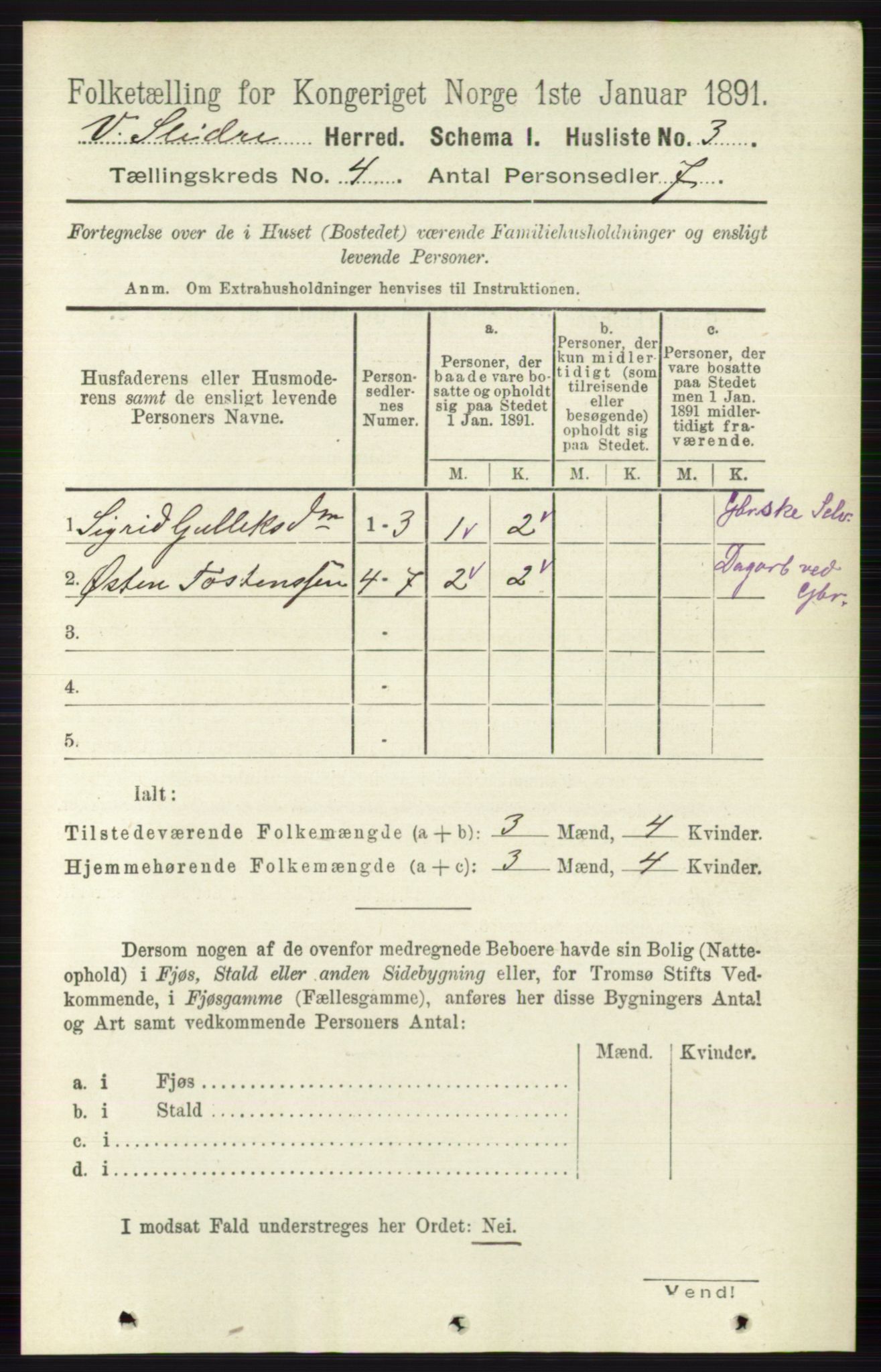 RA, 1891 census for 0543 Vestre Slidre, 1891, p. 1180