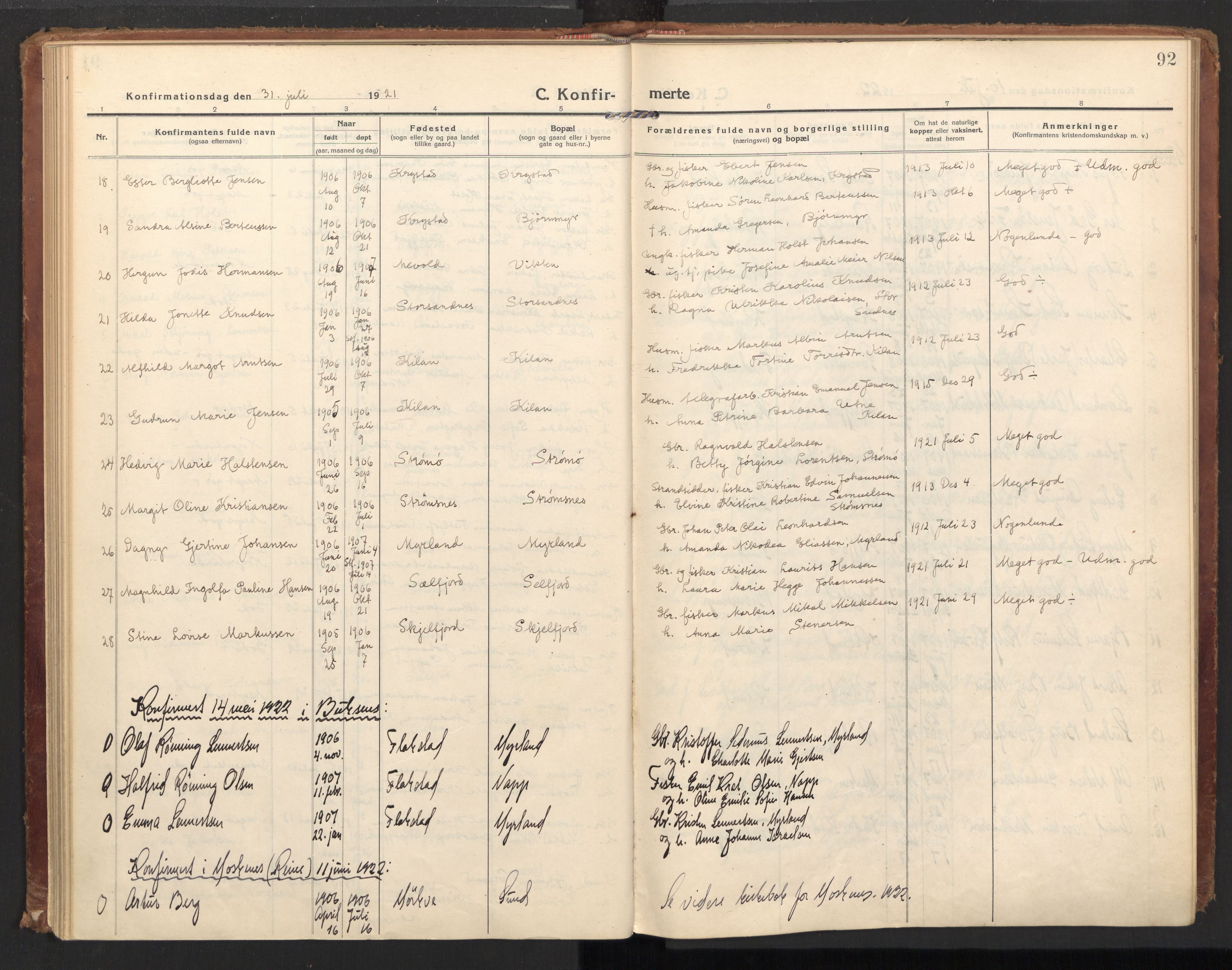 Ministerialprotokoller, klokkerbøker og fødselsregistre - Nordland, SAT/A-1459/885/L1210: Parish register (official) no. 885A10, 1916-1926, p. 92
