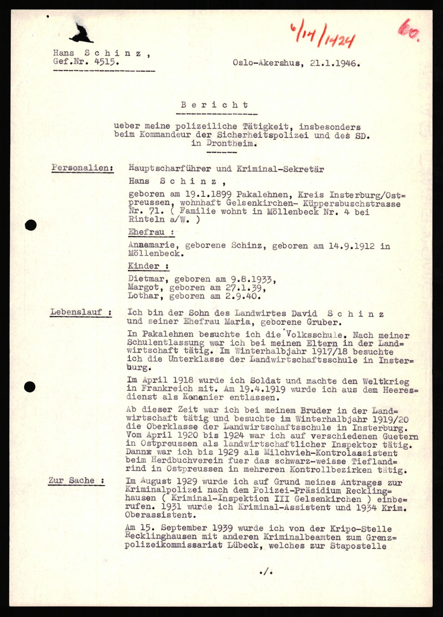 Forsvaret, Forsvarets overkommando II, RA/RAFA-3915/D/Db/L0029: CI Questionaires. Tyske okkupasjonsstyrker i Norge. Tyskere., 1945-1946, p. 210