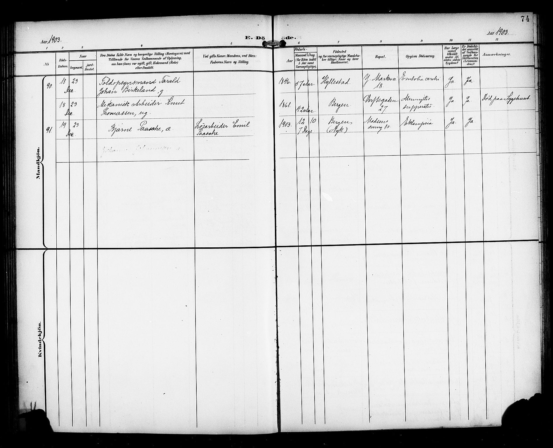 Nykirken Sokneprestembete, AV/SAB-A-77101/H/Haa/L0045: Parish register (official) no. E 5, 1899-1917, p. 74