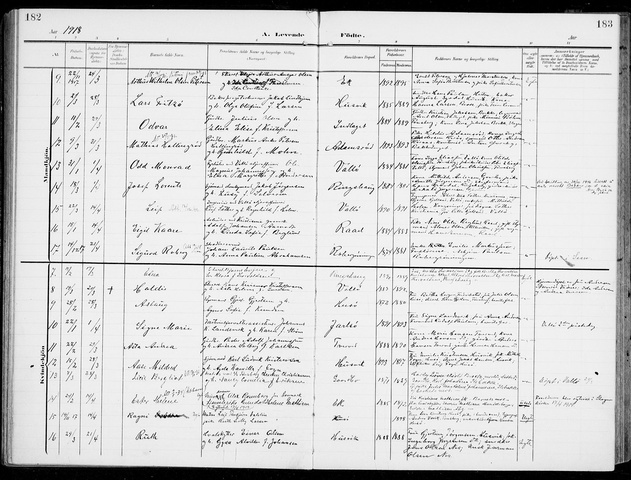Sem kirkebøker, SAKO/A-5/F/Fb/L0006: Parish register (official) no. II 6, 1905-1918, p. 182-183